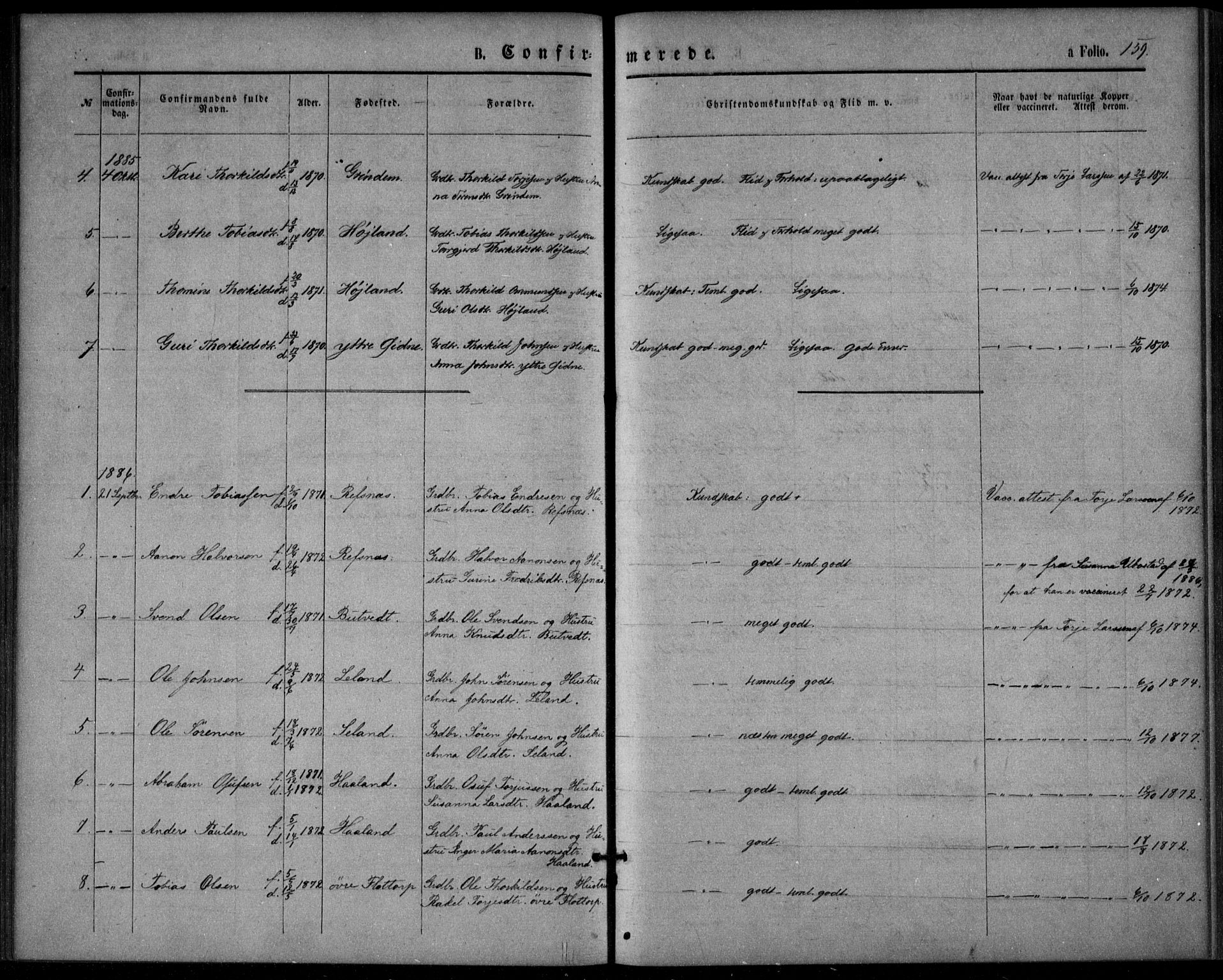 Bjelland sokneprestkontor, SAK/1111-0005/F/Fa/Fac/L0002: Ministerialbok nr. A 2, 1866-1887, s. 159