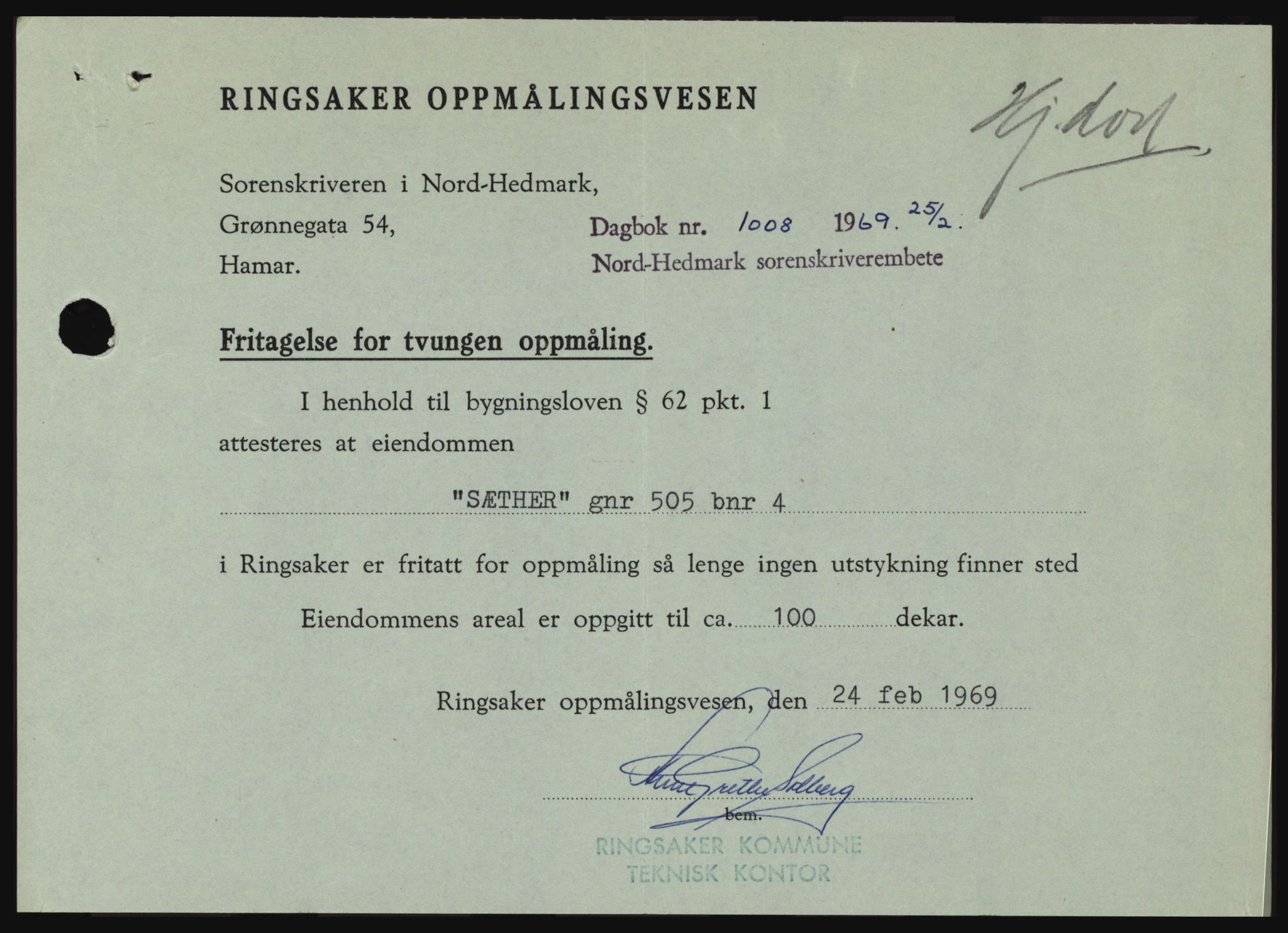 Nord-Hedmark sorenskriveri, SAH/TING-012/H/Hc/L0030: Pantebok nr. 30, 1969-1969, Dagboknr: 1008/1969