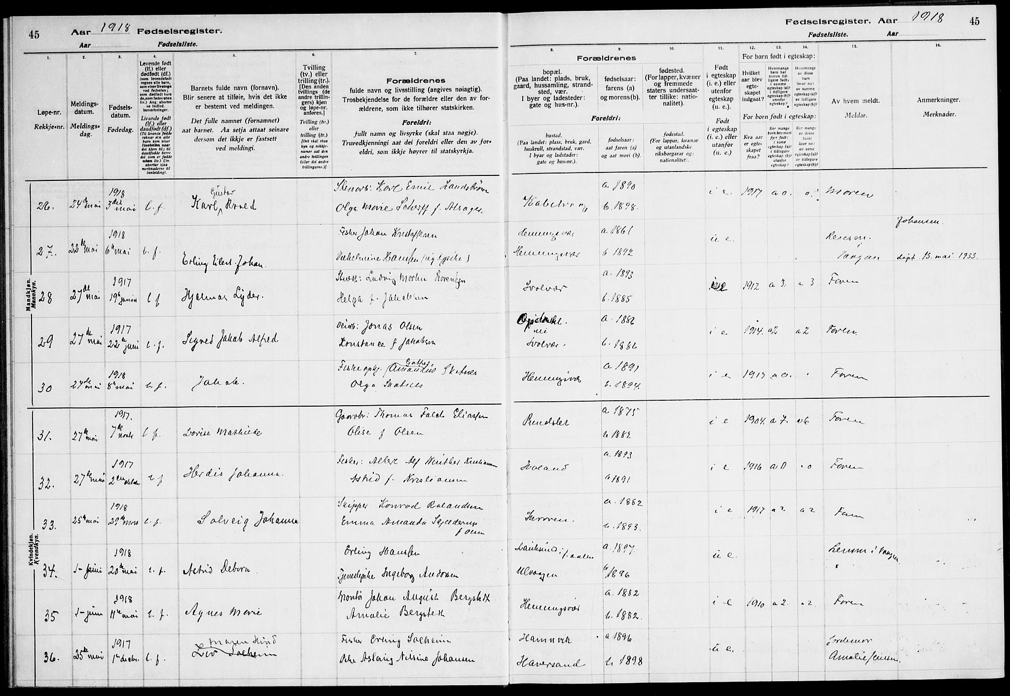 Ministerialprotokoller, klokkerbøker og fødselsregistre - Nordland, AV/SAT-A-1459/874/L1089: Fødselsregister nr. 874.II.4.1, 1916-1926, s. 45