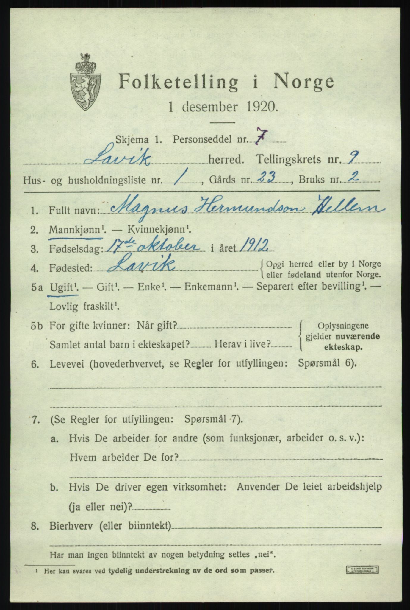 SAB, Folketelling 1920 for 1415 Lavik herred, 1920, s. 1918