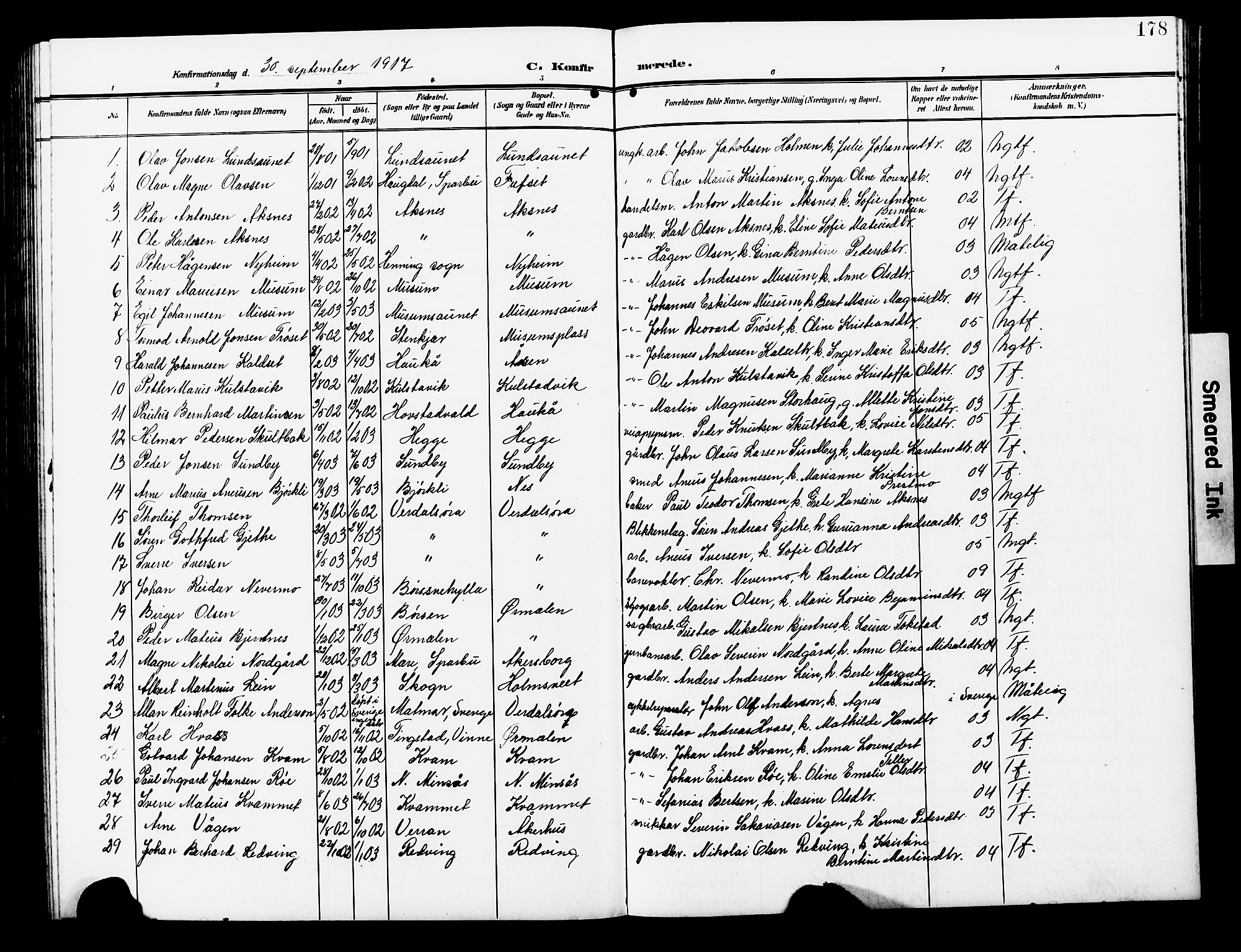 Ministerialprotokoller, klokkerbøker og fødselsregistre - Nord-Trøndelag, AV/SAT-A-1458/723/L0258: Klokkerbok nr. 723C06, 1908-1927, s. 178