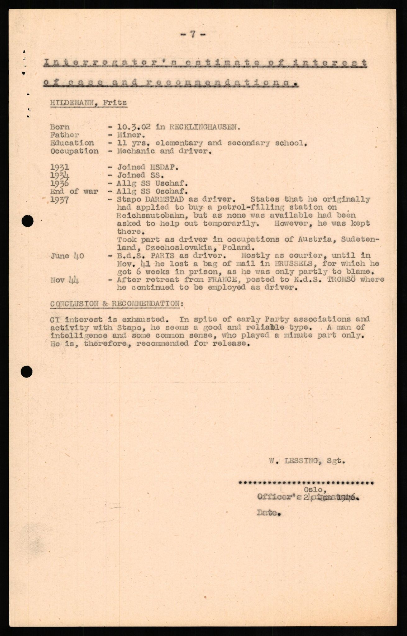 Forsvaret, Forsvarets overkommando II, AV/RA-RAFA-3915/D/Db/L0013: CI Questionaires. Tyske okkupasjonsstyrker i Norge. Tyskere., 1945-1946, s. 205