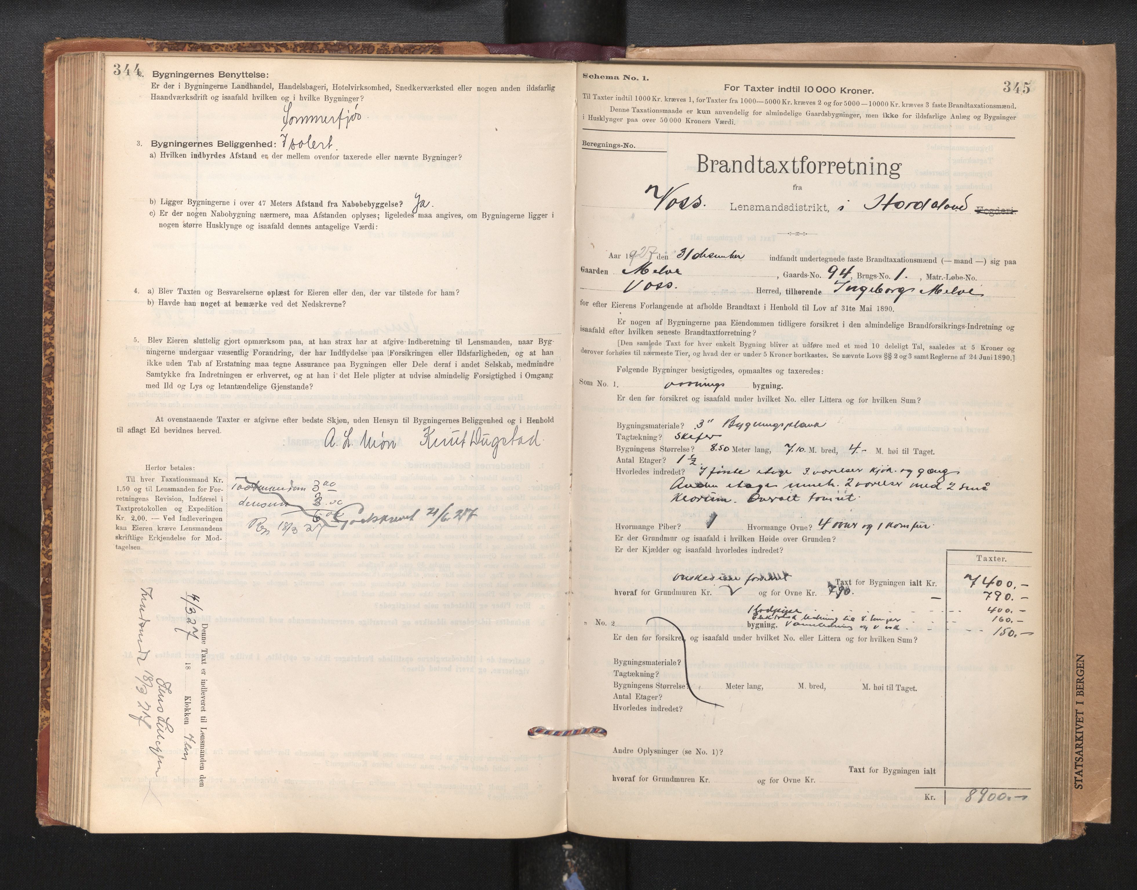 Lensmannen i Voss, AV/SAB-A-35801/0012/L0008: Branntakstprotokoll, skjematakst, 1895-1945, s. 344-345