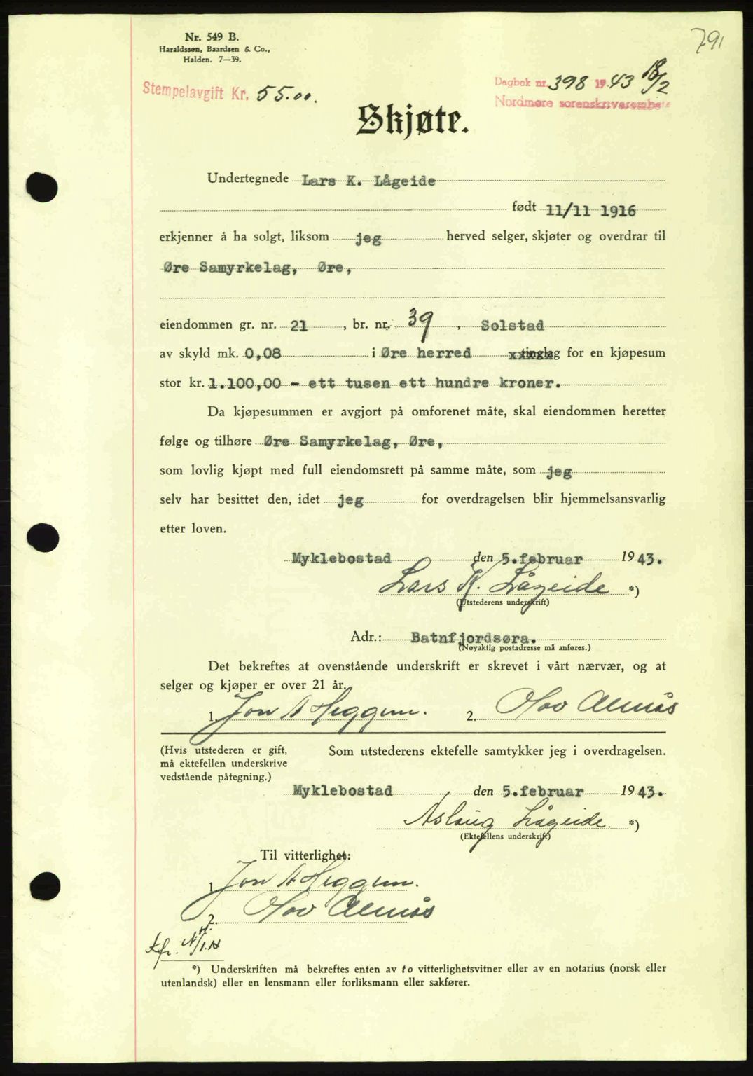 Nordmøre sorenskriveri, AV/SAT-A-4132/1/2/2Ca: Pantebok nr. A94, 1942-1943, Dagboknr: 398/1943