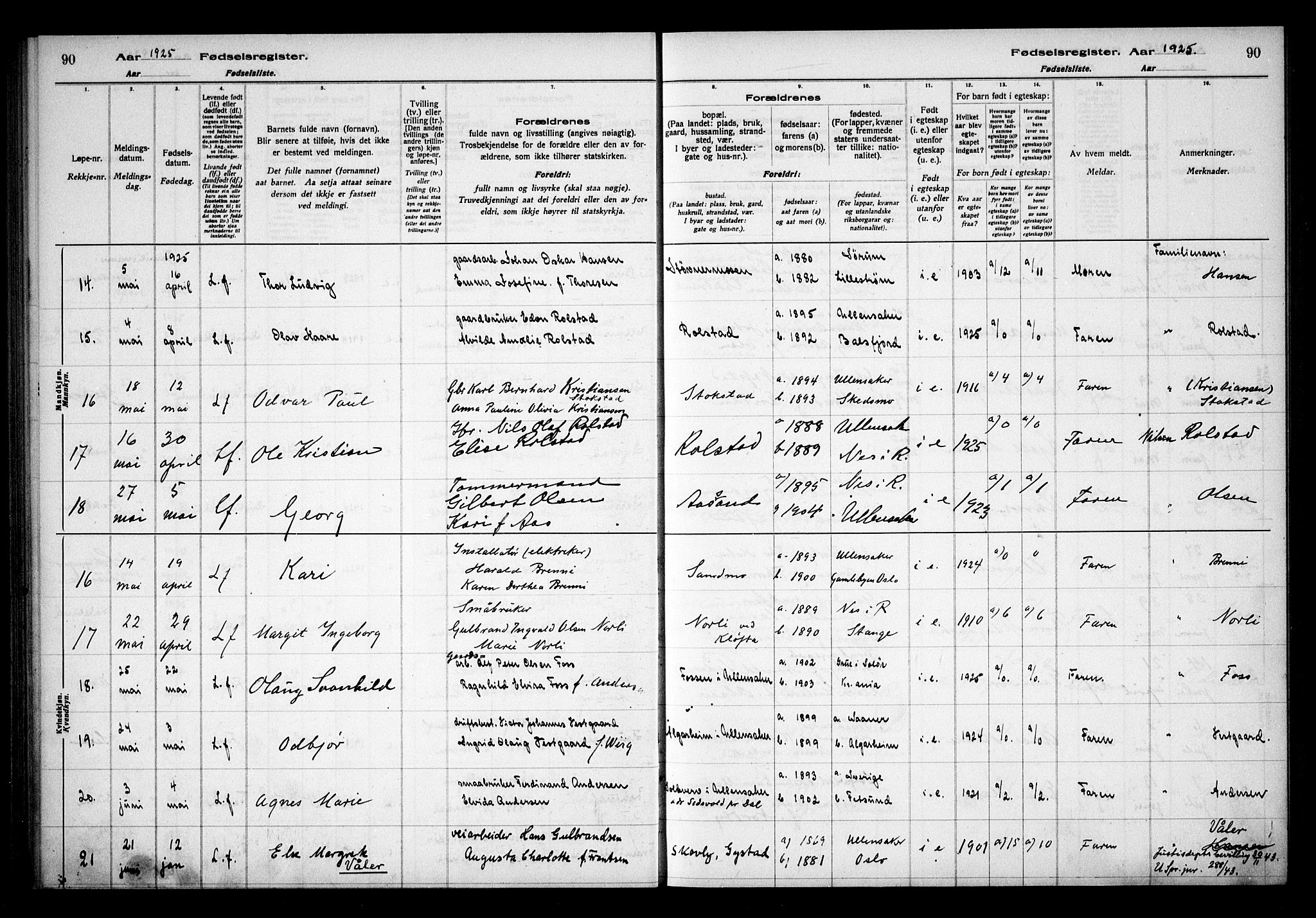 Ullensaker prestekontor Kirkebøker, SAO/A-10236a/J/Ja/L0001: Fødselsregister nr. 1, 1916-1938, s. 90