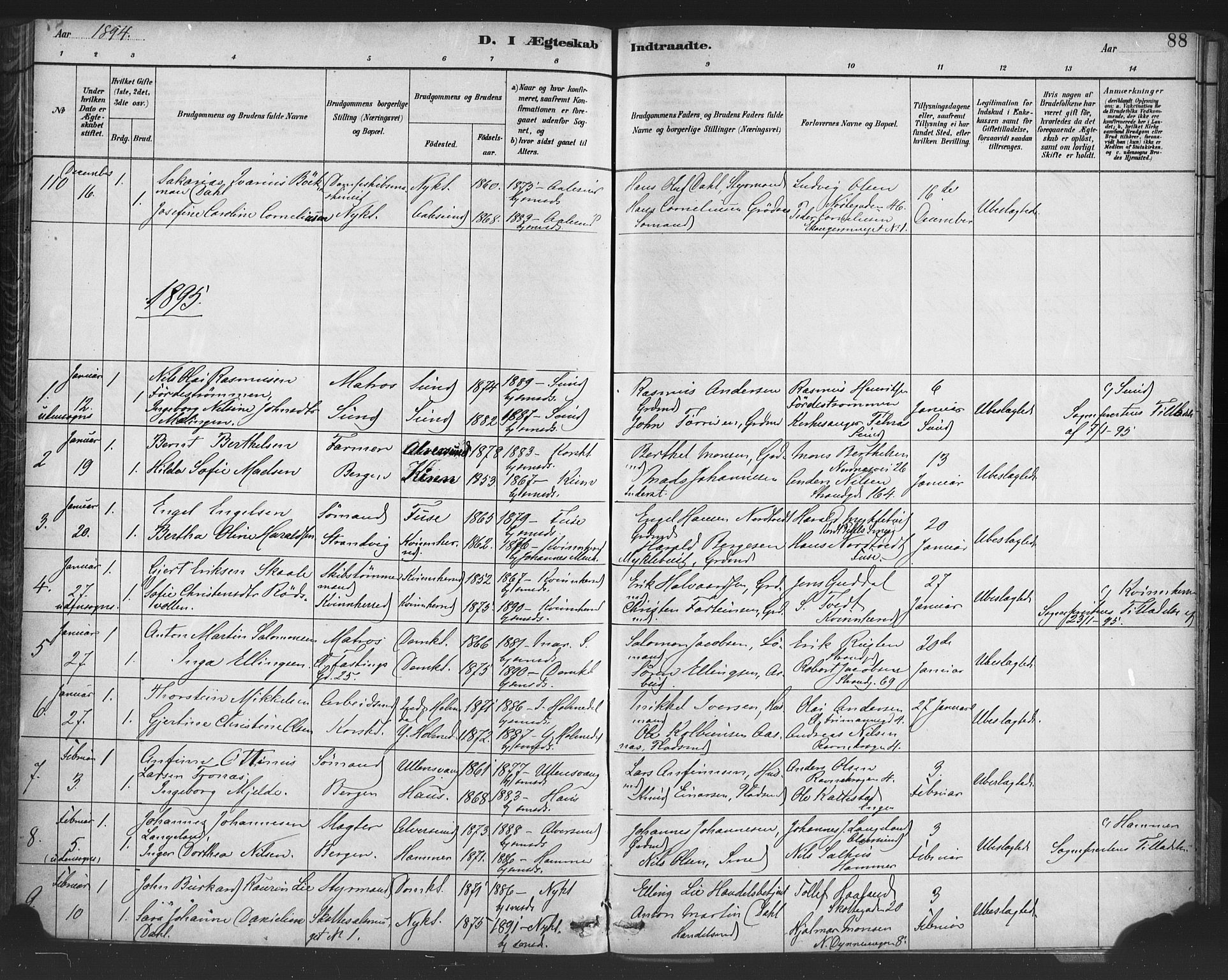Nykirken Sokneprestembete, AV/SAB-A-77101/H/Haa/L0033: Ministerialbok nr. D 3, 1884-1895, s. 88
