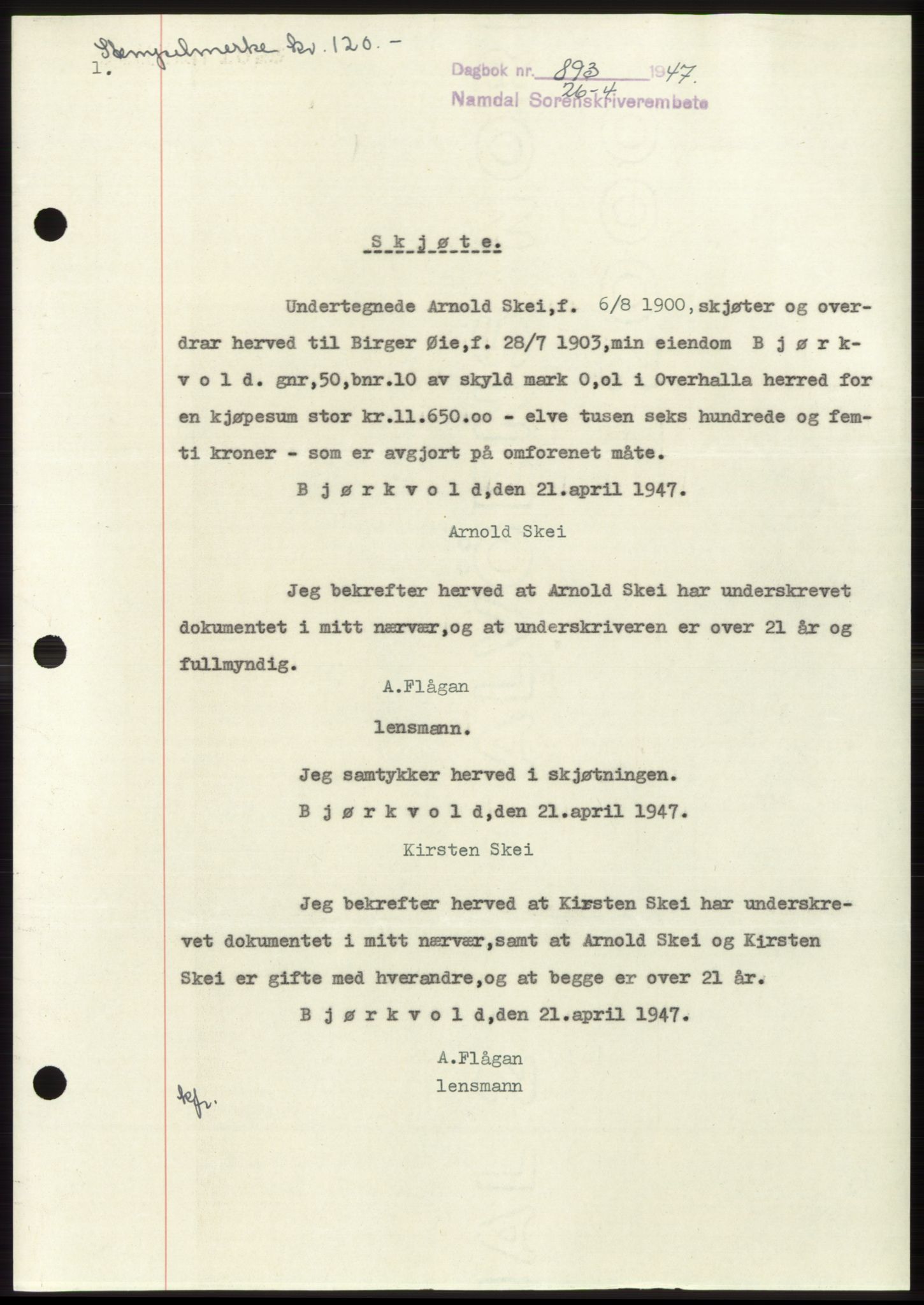 Namdal sorenskriveri, SAT/A-4133/1/2/2C: Pantebok nr. -, 1947-1947, Dagboknr: 893/1947