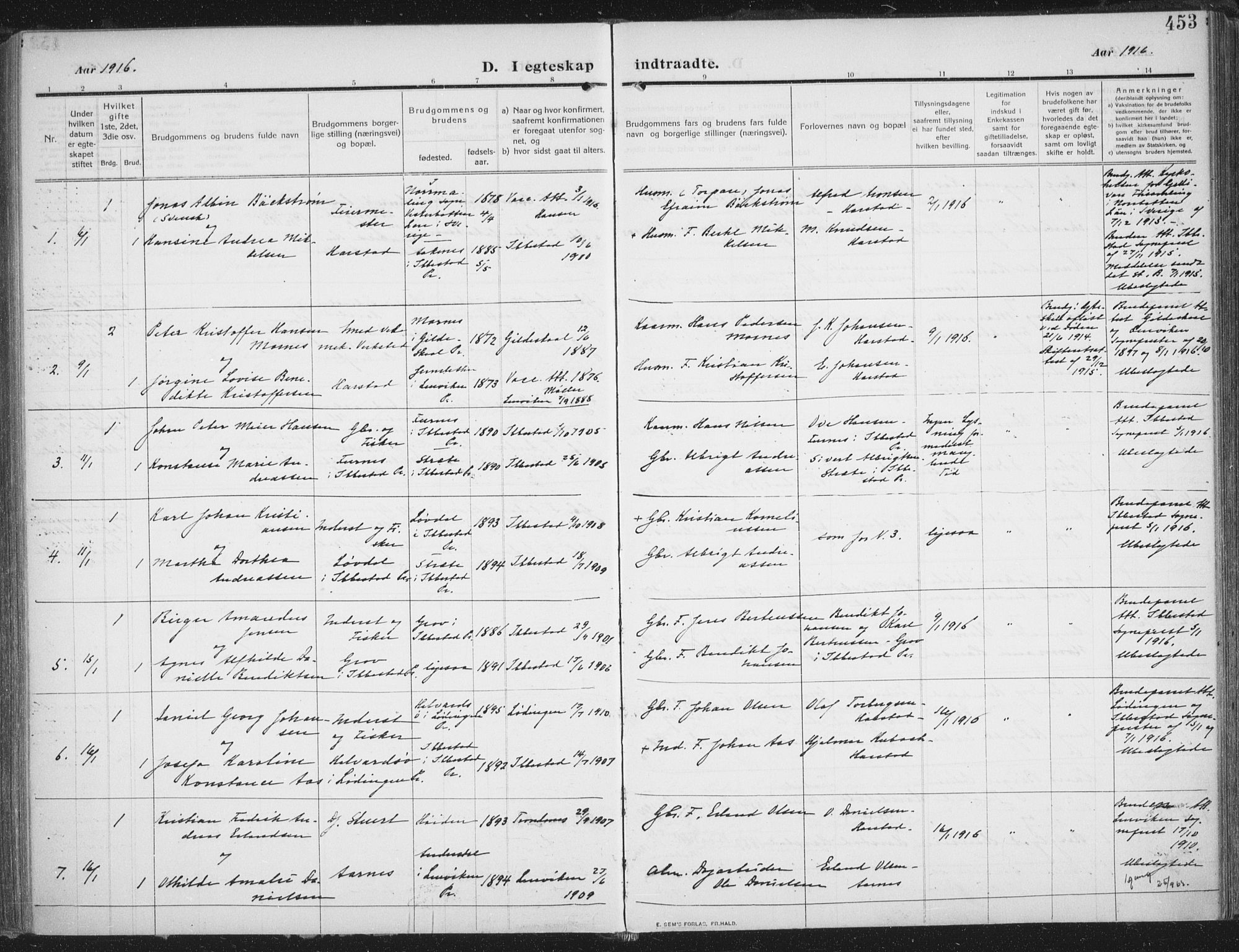 Trondenes sokneprestkontor, AV/SATØ-S-1319/H/Ha/L0018kirke: Ministerialbok nr. 18, 1909-1918, s. 453