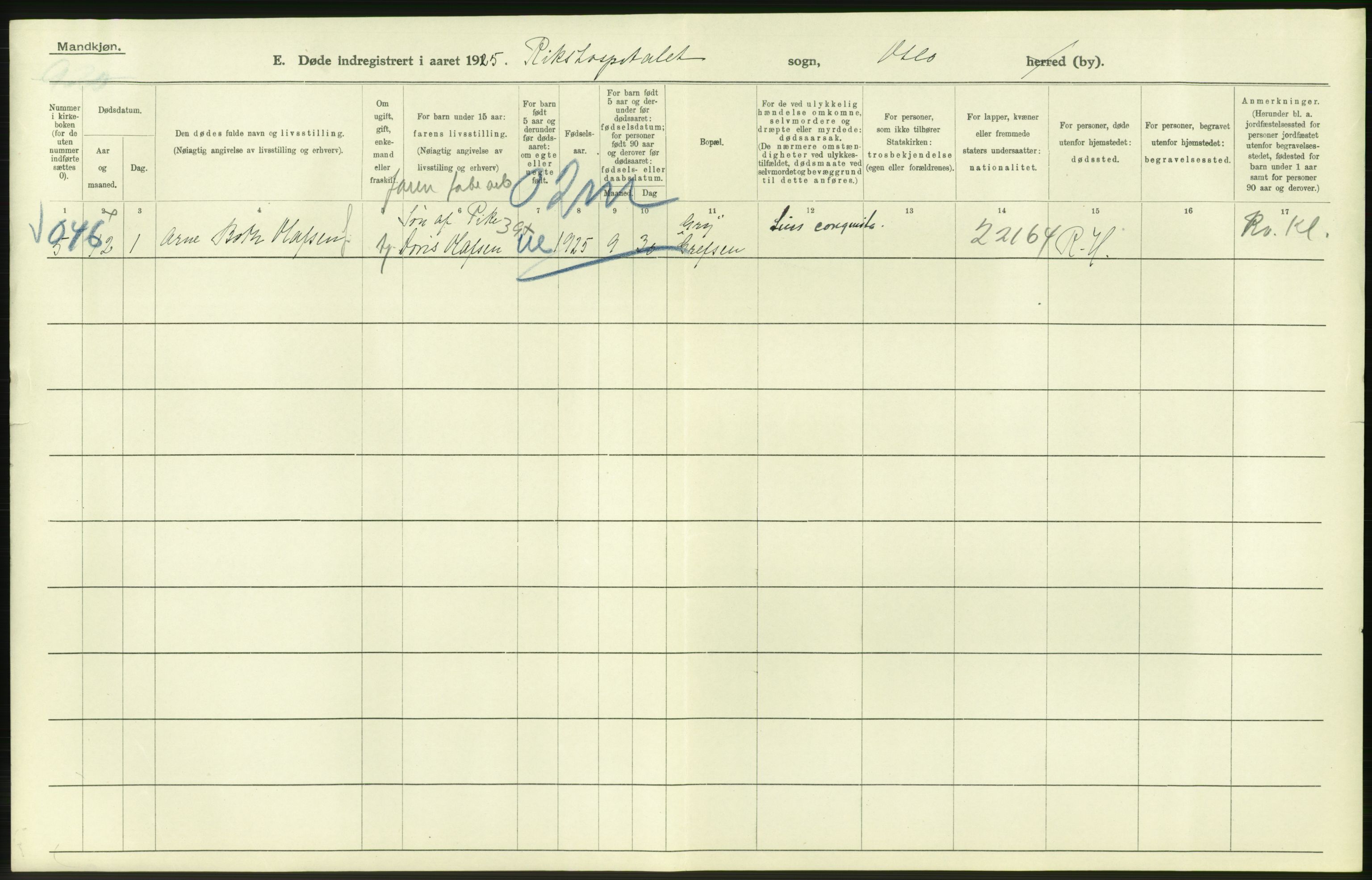 Statistisk sentralbyrå, Sosiodemografiske emner, Befolkning, AV/RA-S-2228/D/Df/Dfc/Dfce/L0009: Oslo: Døde menn, 1925, s. 454