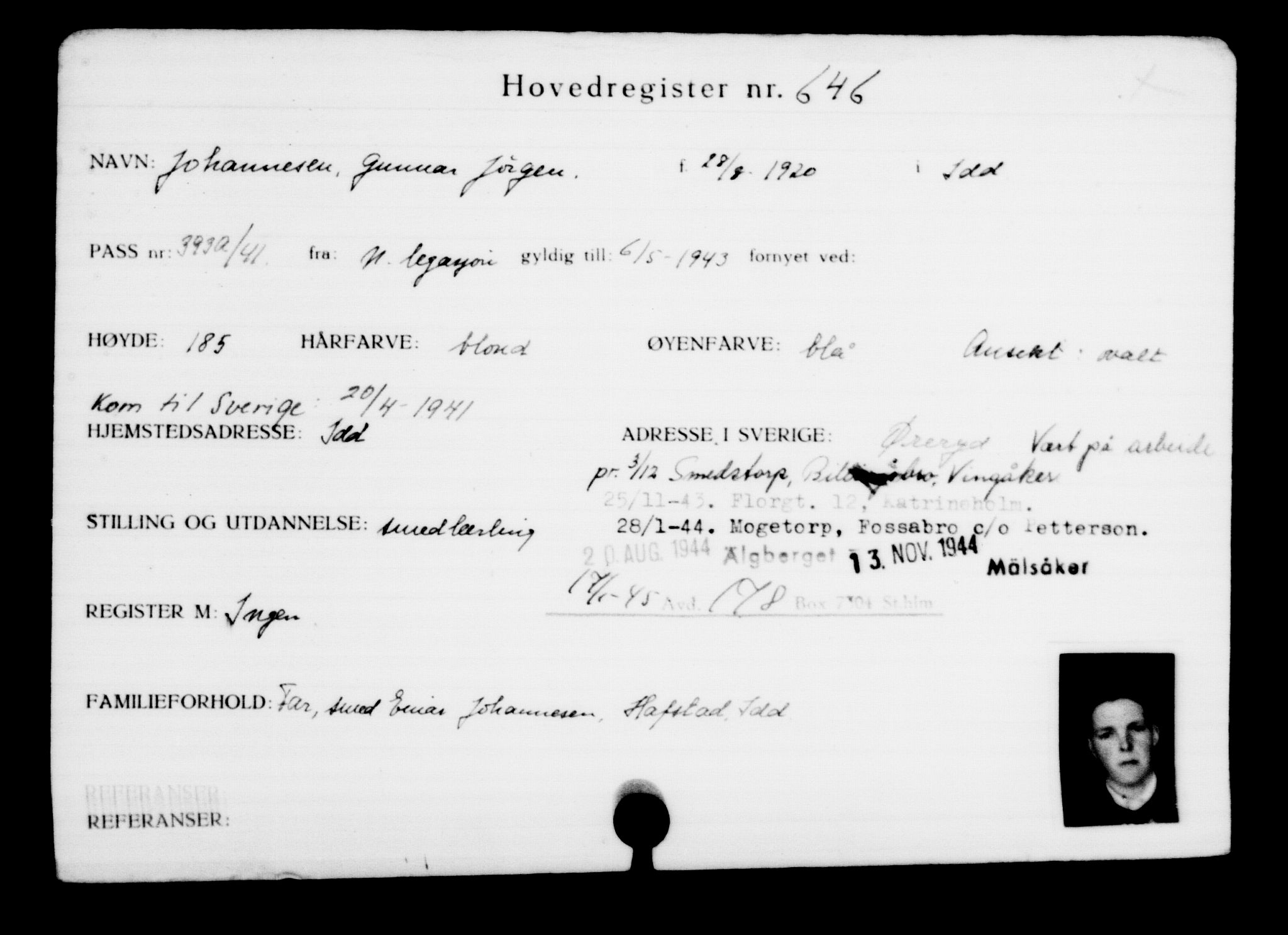 Utenriksstasjonene, Legasjonen i Stockholm, Flyktningkontoret, AV/RA-S-6753/V/Va/L0001: Kjesäterkartoteket, flyktninger med registreringsnr. 1-1000, 1940-1945, s. 1007