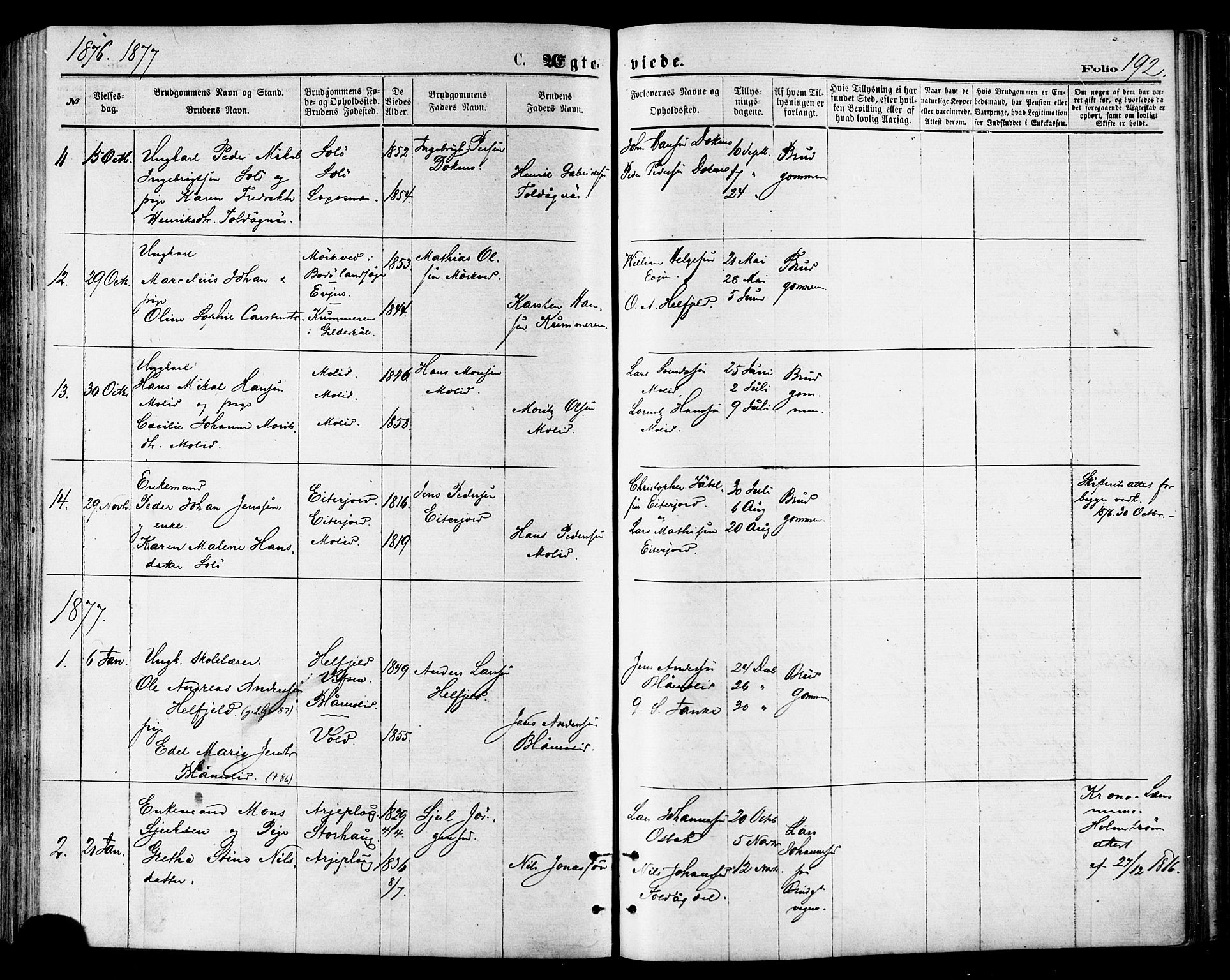 Ministerialprotokoller, klokkerbøker og fødselsregistre - Nordland, AV/SAT-A-1459/846/L0645: Ministerialbok nr. 846A03, 1872-1886, s. 192