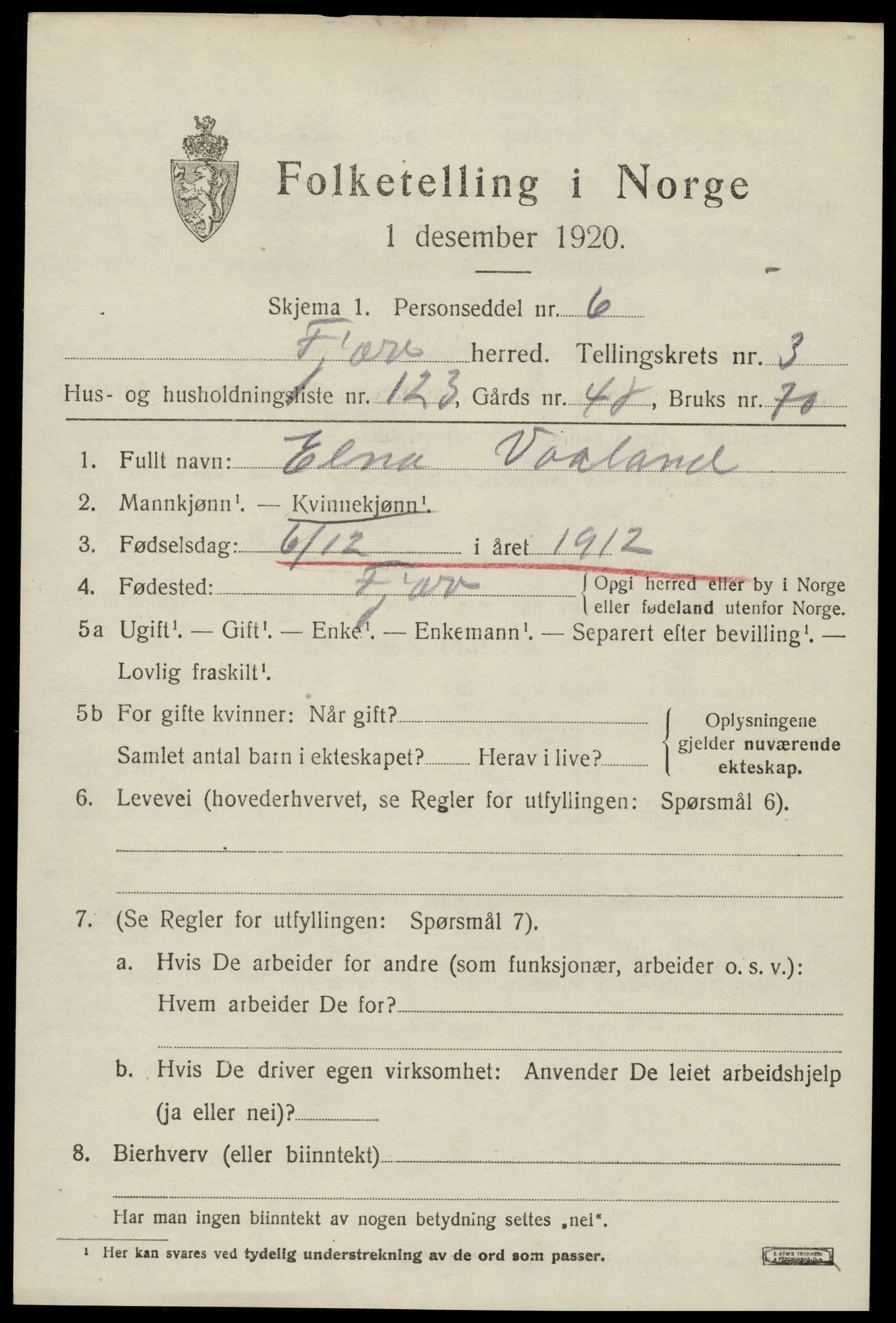SAK, Folketelling 1920 for 0923 Fjære herred, 1920, s. 6065