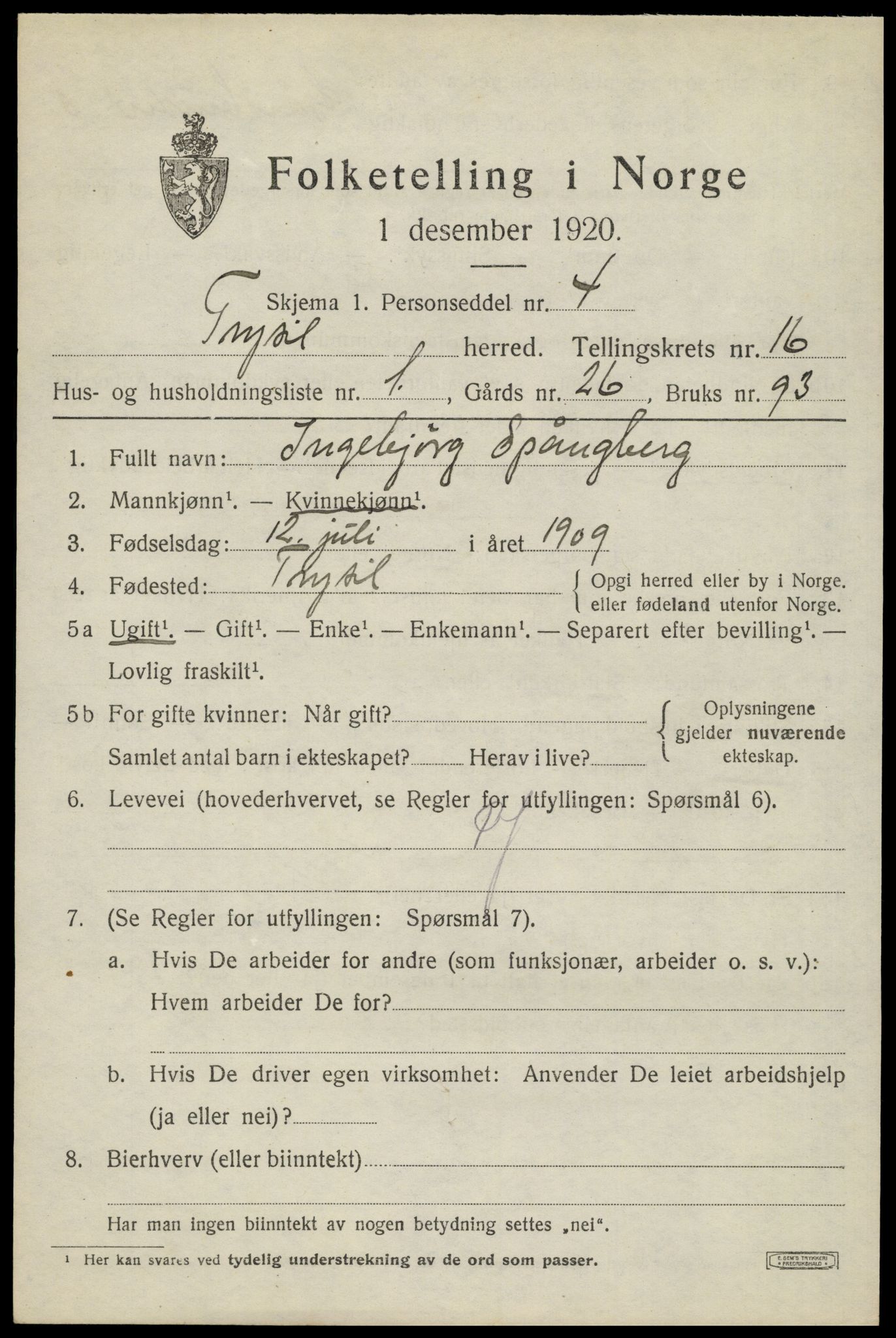 SAH, Folketelling 1920 for 0428 Trysil herred, 1920, s. 9427
