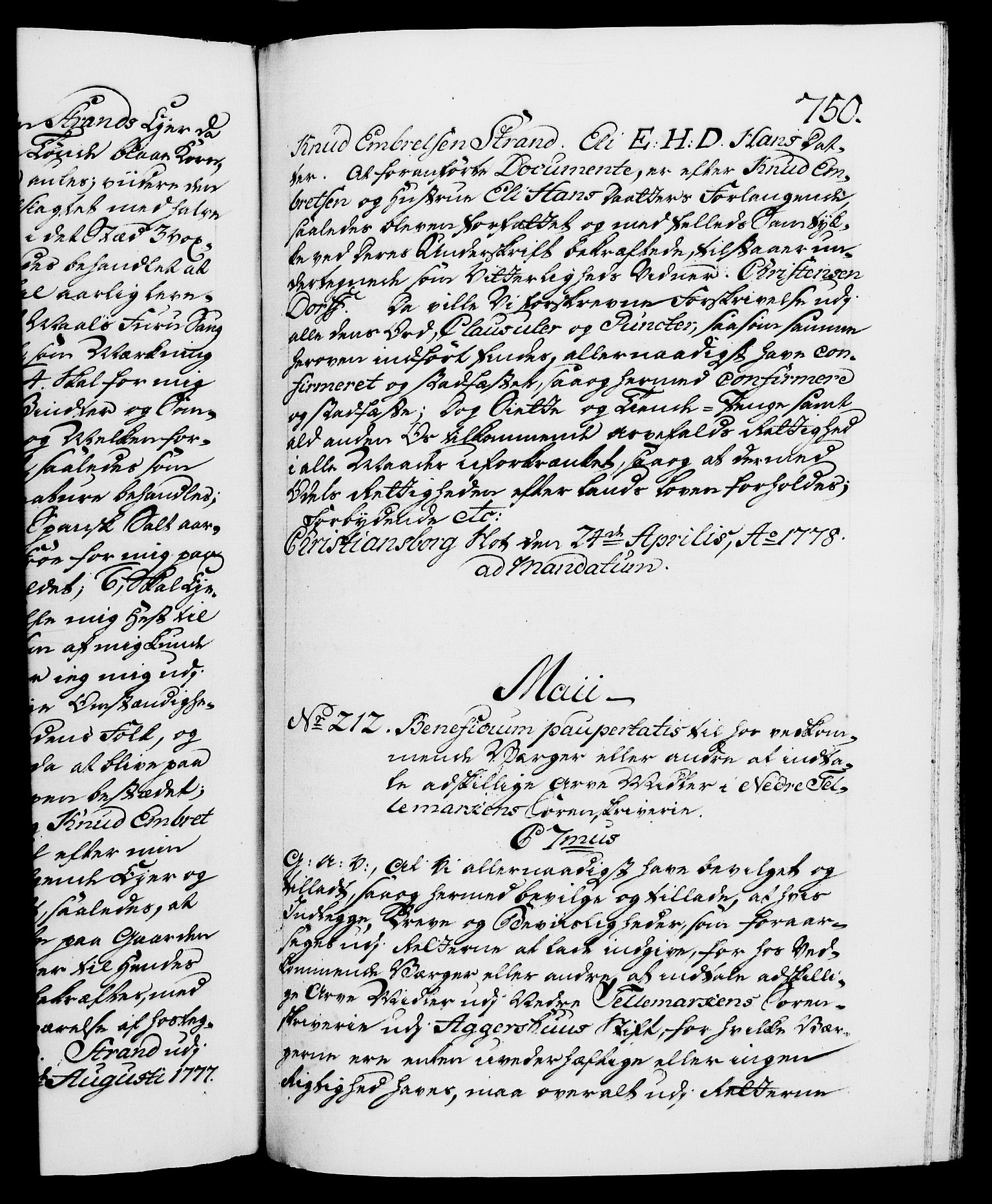 Danske Kanselli 1572-1799, RA/EA-3023/F/Fc/Fca/Fcaa/L0047: Norske registre, 1776-1778, s. 750a