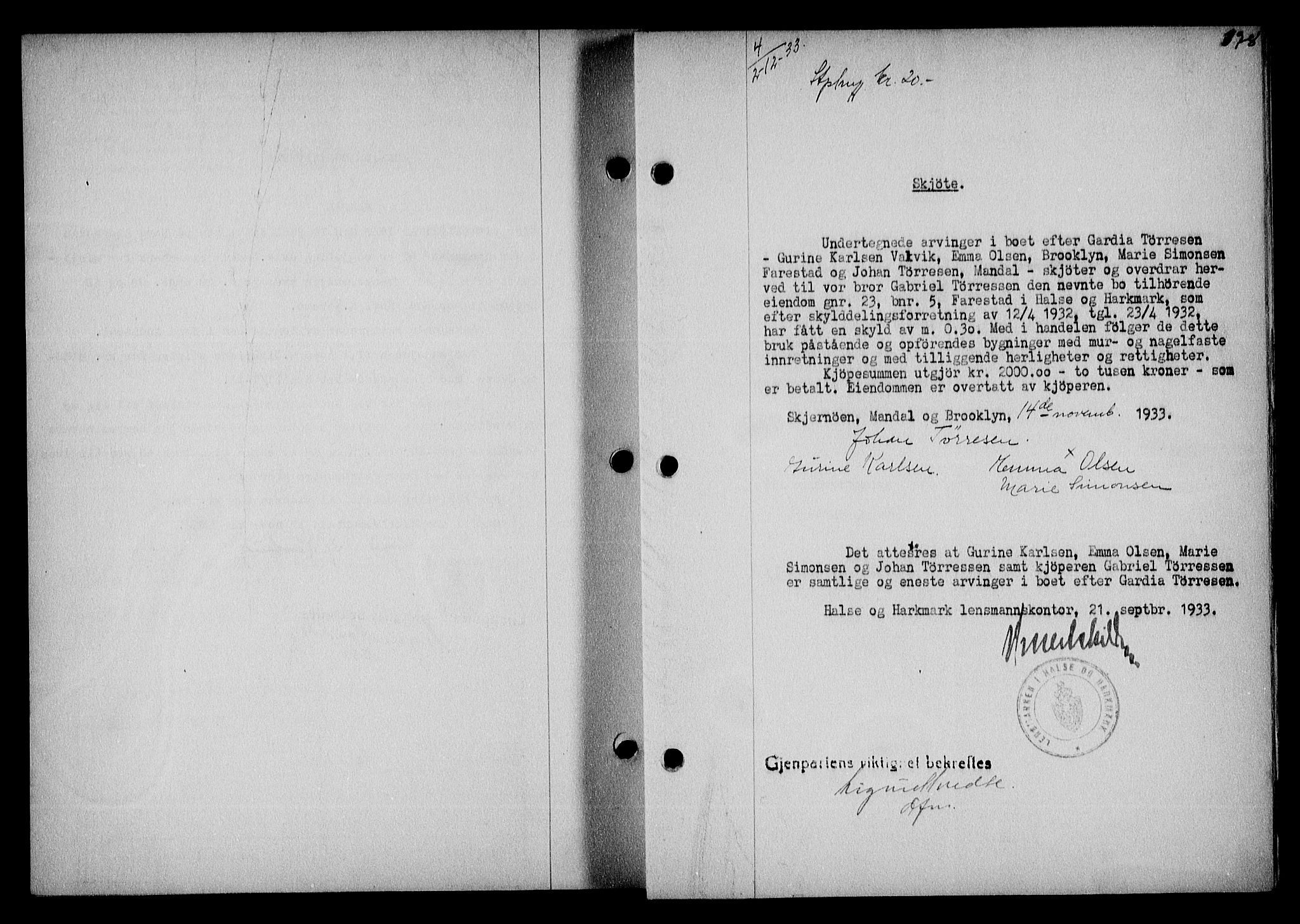 Mandal sorenskriveri, SAK/1221-0005/001/G/Gb/Gba/L0067: Pantebok nr. A-4, 1932-1934, Tingl.dato: 02.12.1933