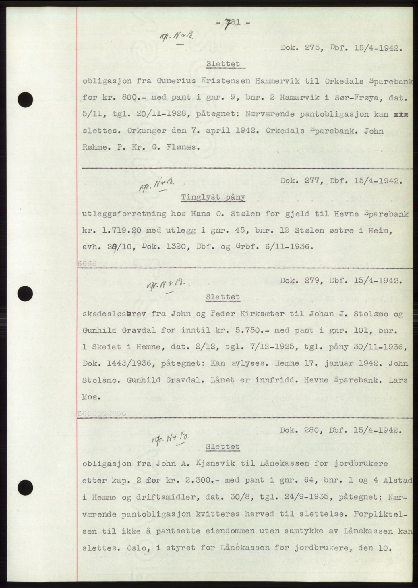 Hitra sorenskriveri, AV/SAT-A-0018/2/2C/2Ca: Pantebok nr. C1, 1936-1945, Dagboknr: 275/1942