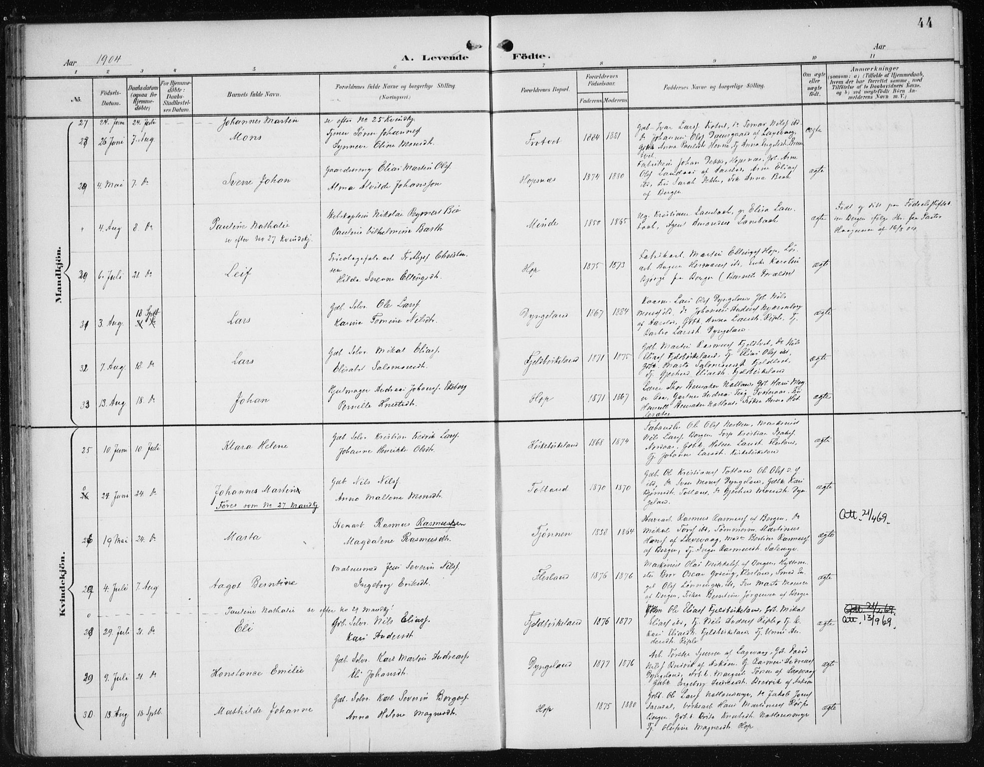 Fana Sokneprestembete, AV/SAB-A-75101/H/Haa/Haai/L0003: Ministerialbok nr. I 3, 1900-1912, s. 44