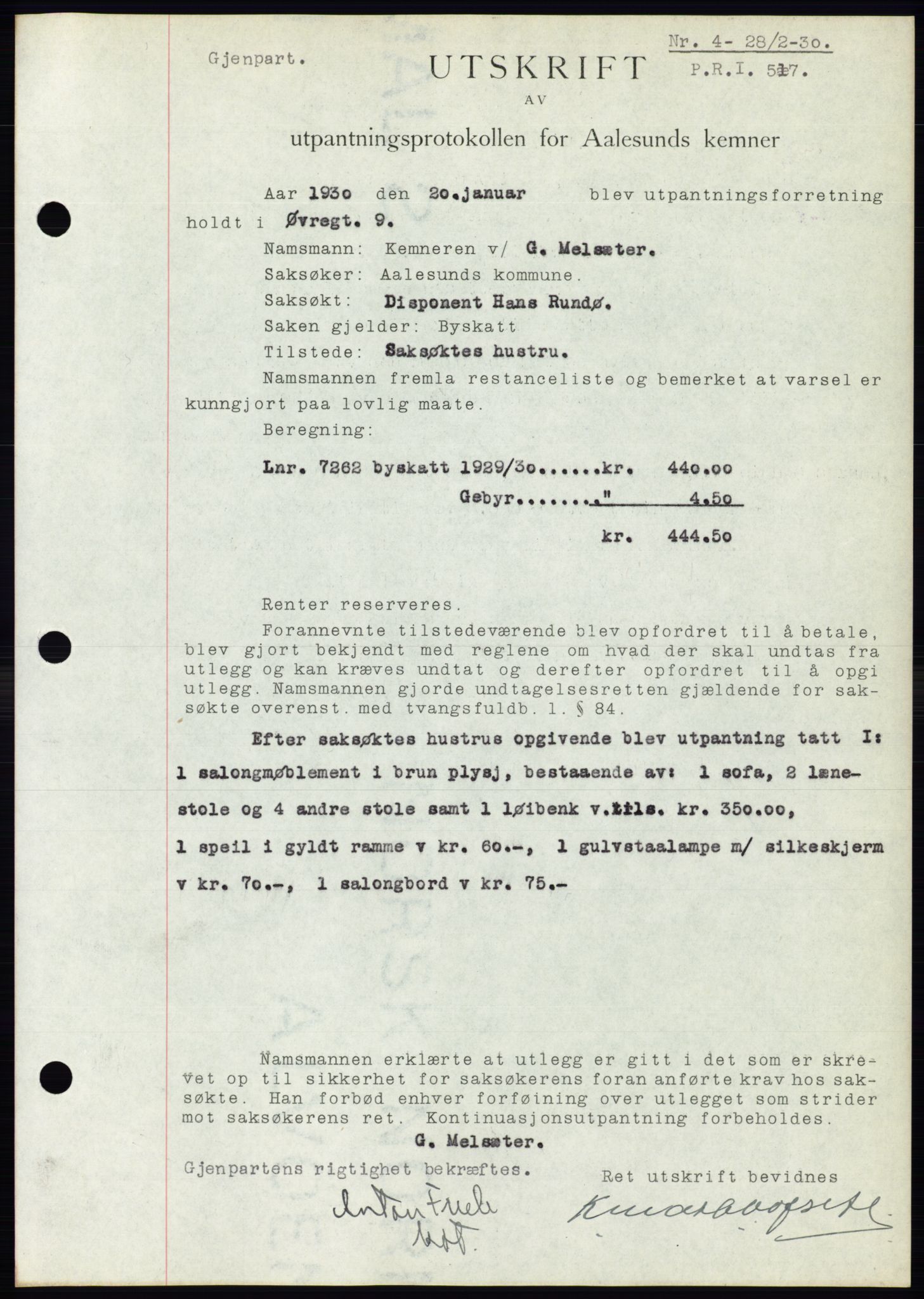 Ålesund byfogd, AV/SAT-A-4384: Pantebok nr. 26, 1930-1930, Tingl.dato: 28.02.1930