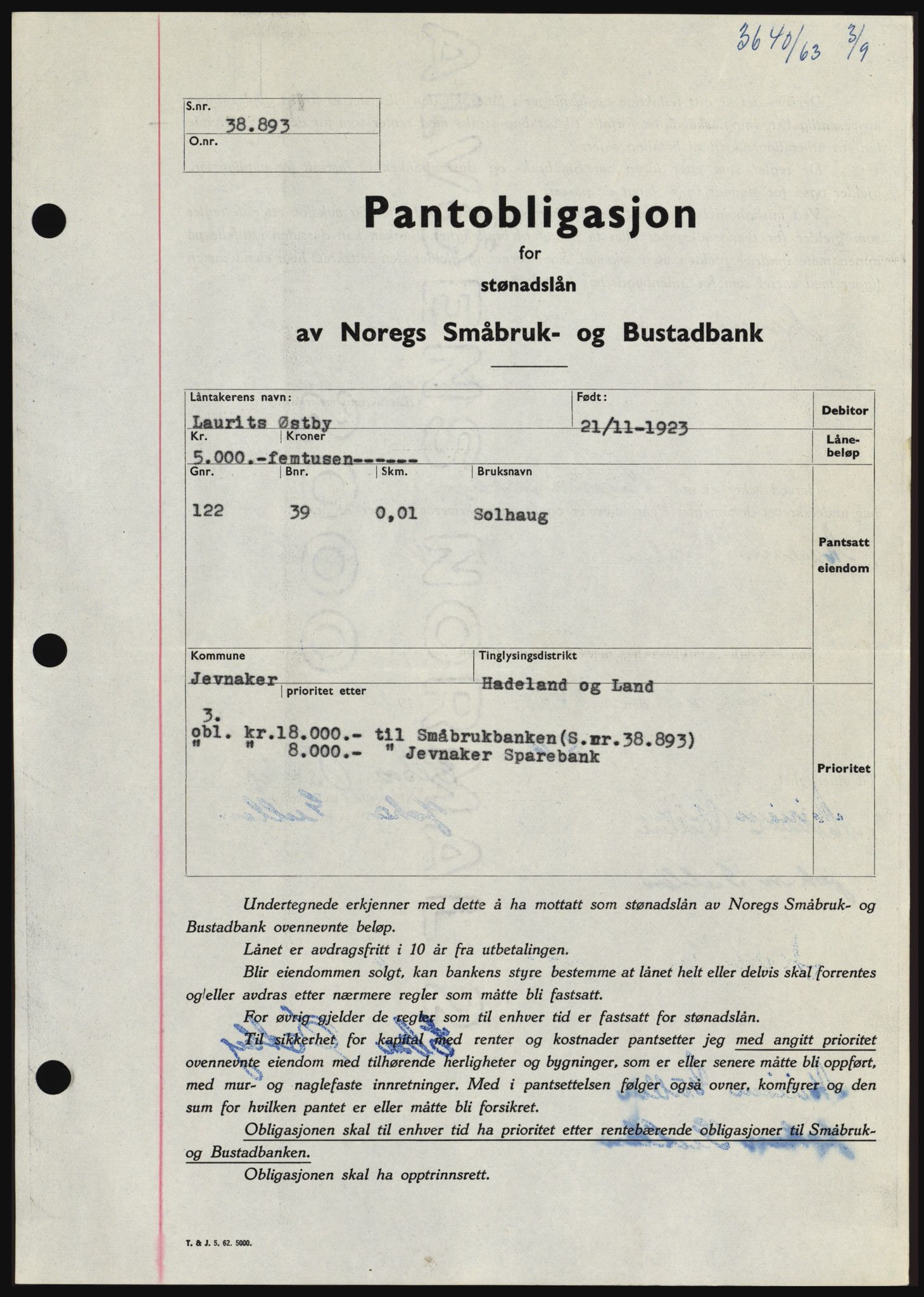 Hadeland og Land tingrett, SAH/TING-010/H/Hb/Hbc/L0052: Pantebok nr. B52, 1963-1963, Dagboknr: 3640/1963