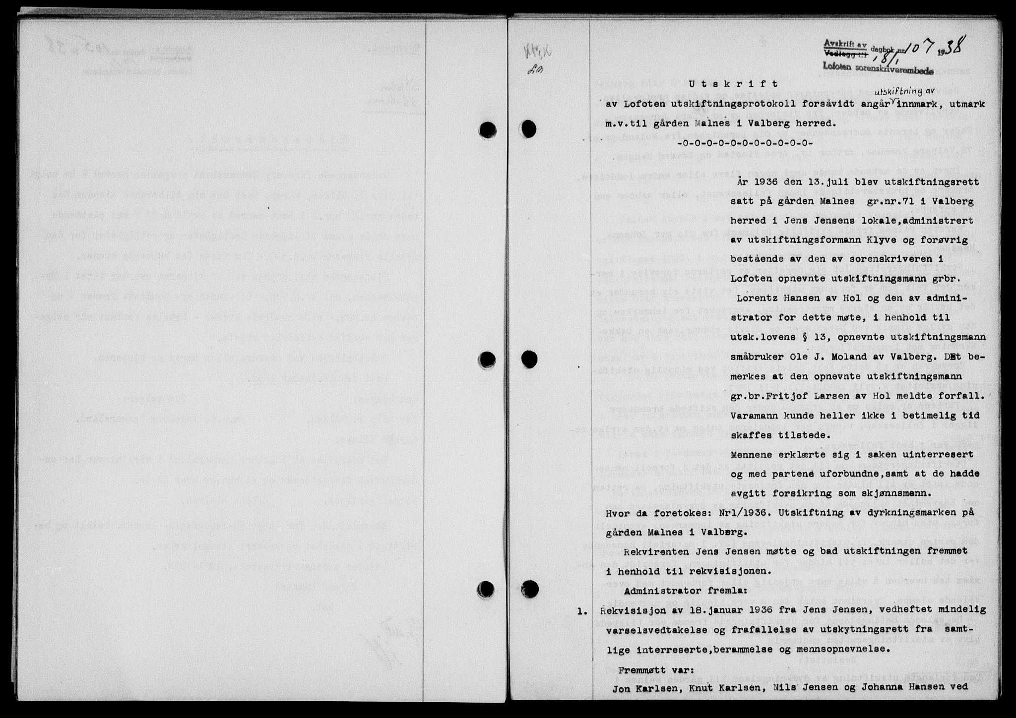 Lofoten sorenskriveri, SAT/A-0017/1/2/2C/L0003a: Pantebok nr. 3a, 1937-1938, Dagboknr: 107/1938