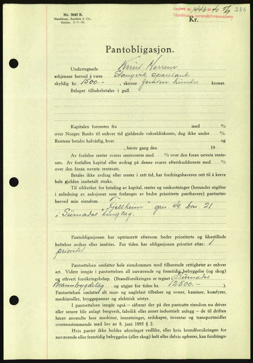 Nordmøre sorenskriveri, AV/SAT-A-4132/1/2/2Ca: Pantebok nr. B87, 1940-1941, Dagboknr: 1446/1940