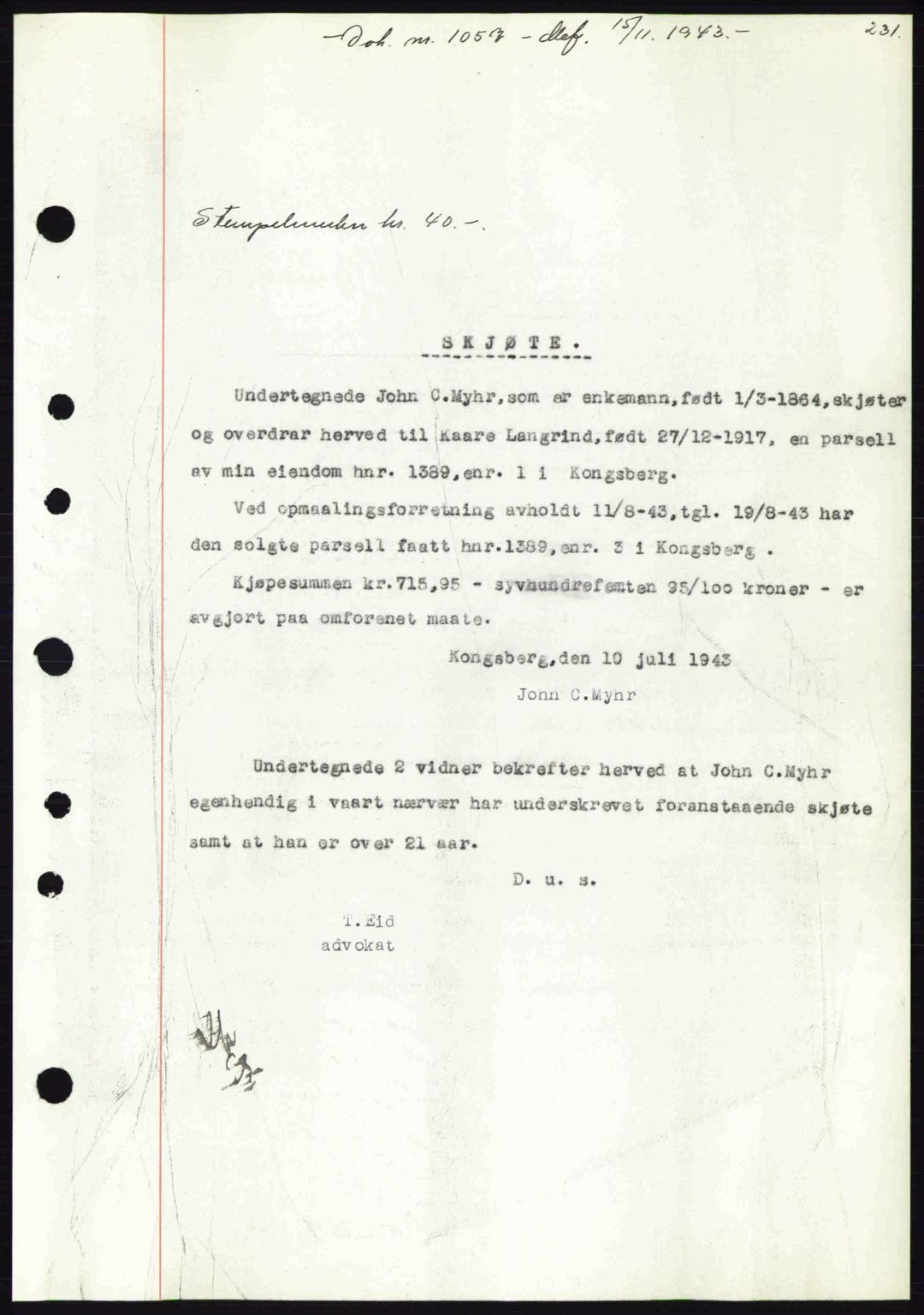 Numedal og Sandsvær sorenskriveri, SAKO/A-128/G/Ga/Gaa/L0055: Pantebok nr. A7, 1943-1944, Dagboknr: 1057/1943