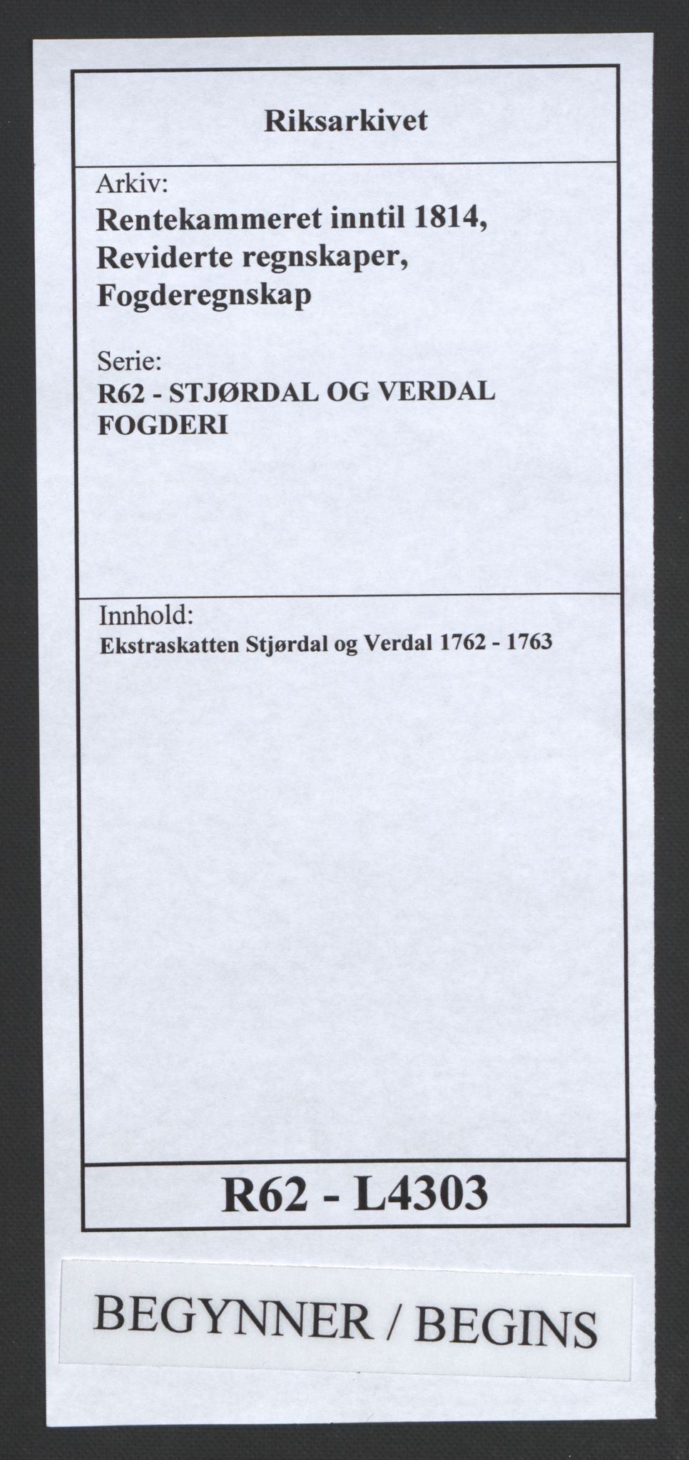 Rentekammeret inntil 1814, Reviderte regnskaper, Fogderegnskap, AV/RA-EA-4092/R62/L4303: Ekstraskatten Stjørdal og Verdal, 1762-1763, s. 1