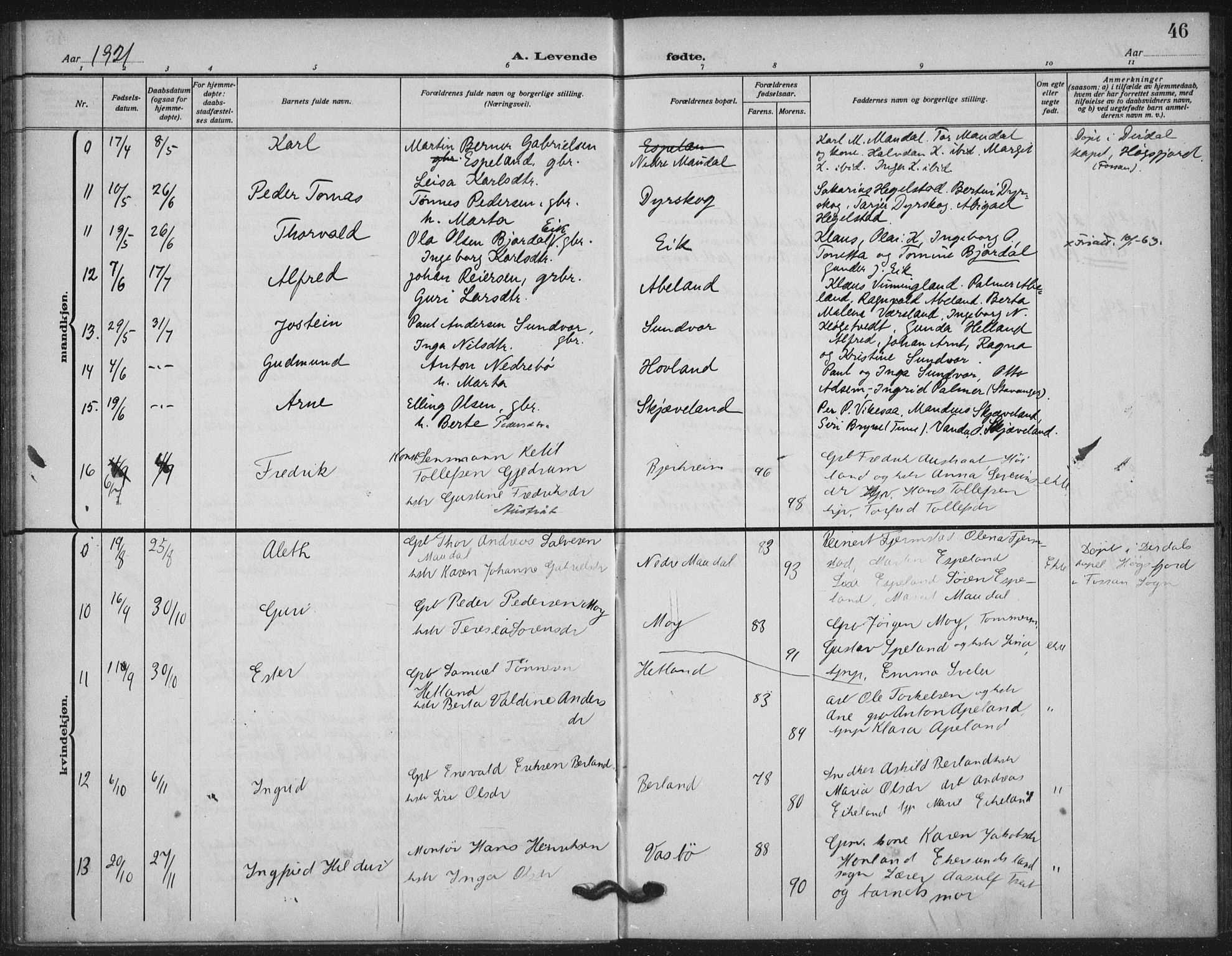 Helleland sokneprestkontor, AV/SAST-A-101810: Ministerialbok nr. A 11, 1909-1922, s. 46