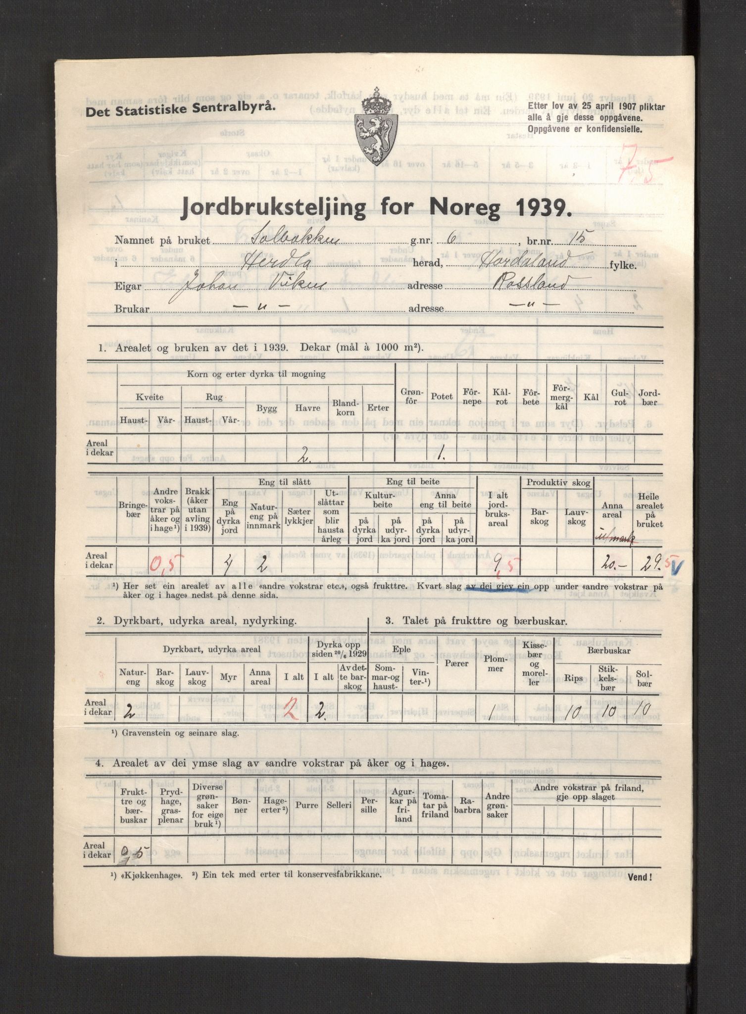 Statistisk sentralbyrå, Næringsøkonomiske emner, Jordbruk, skogbruk, jakt, fiske og fangst, AV/RA-S-2234/G/Gb/L0211: Hordaland: Herdla, Hjelme og Manger, 1939, s. 357