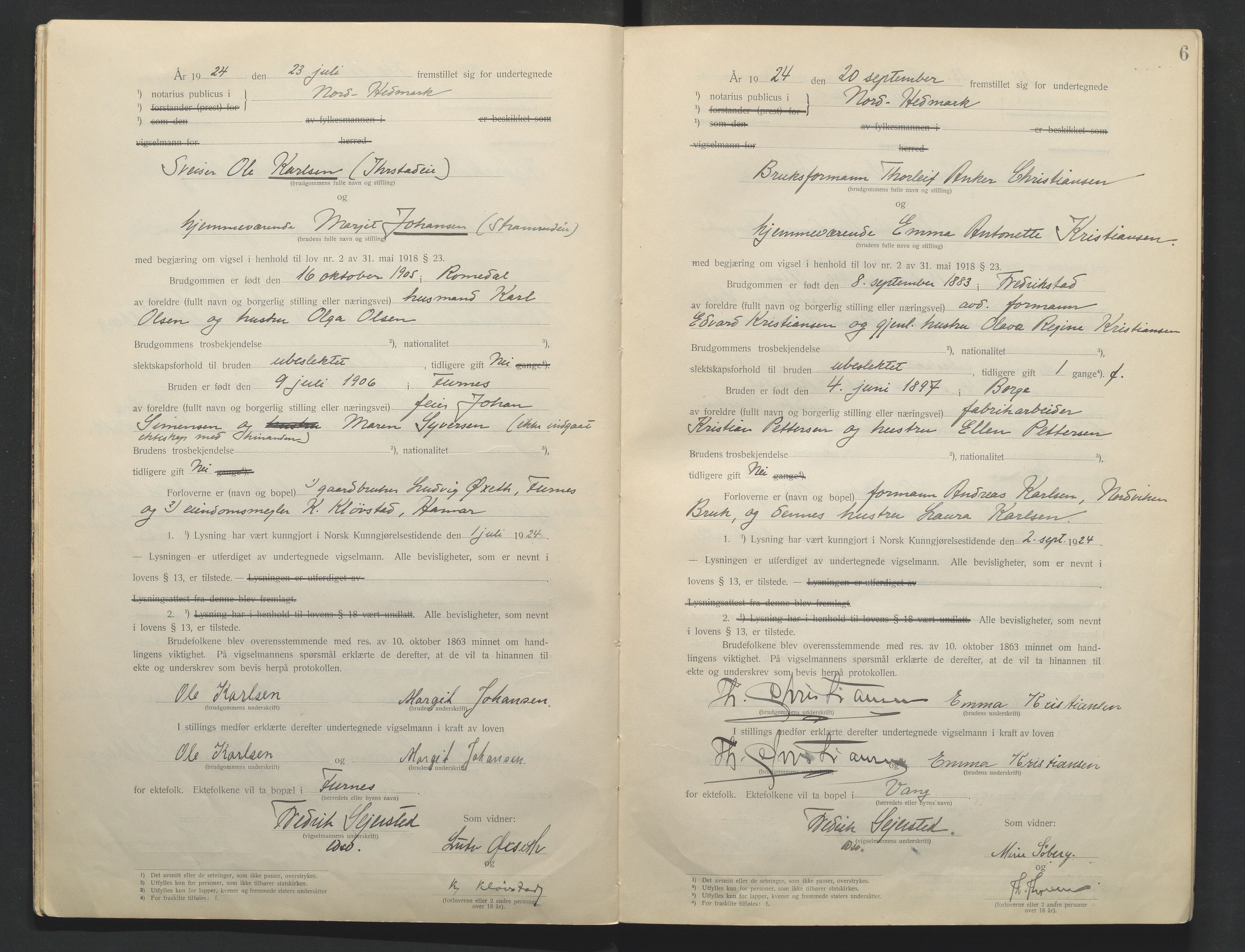 Nord-Hedmark sorenskriveri, AV/SAH-TING-012/L/Lc/L0001/0001: Vigselsprotokoller / Vigselsprotokoll, 1920-1942, s. 6
