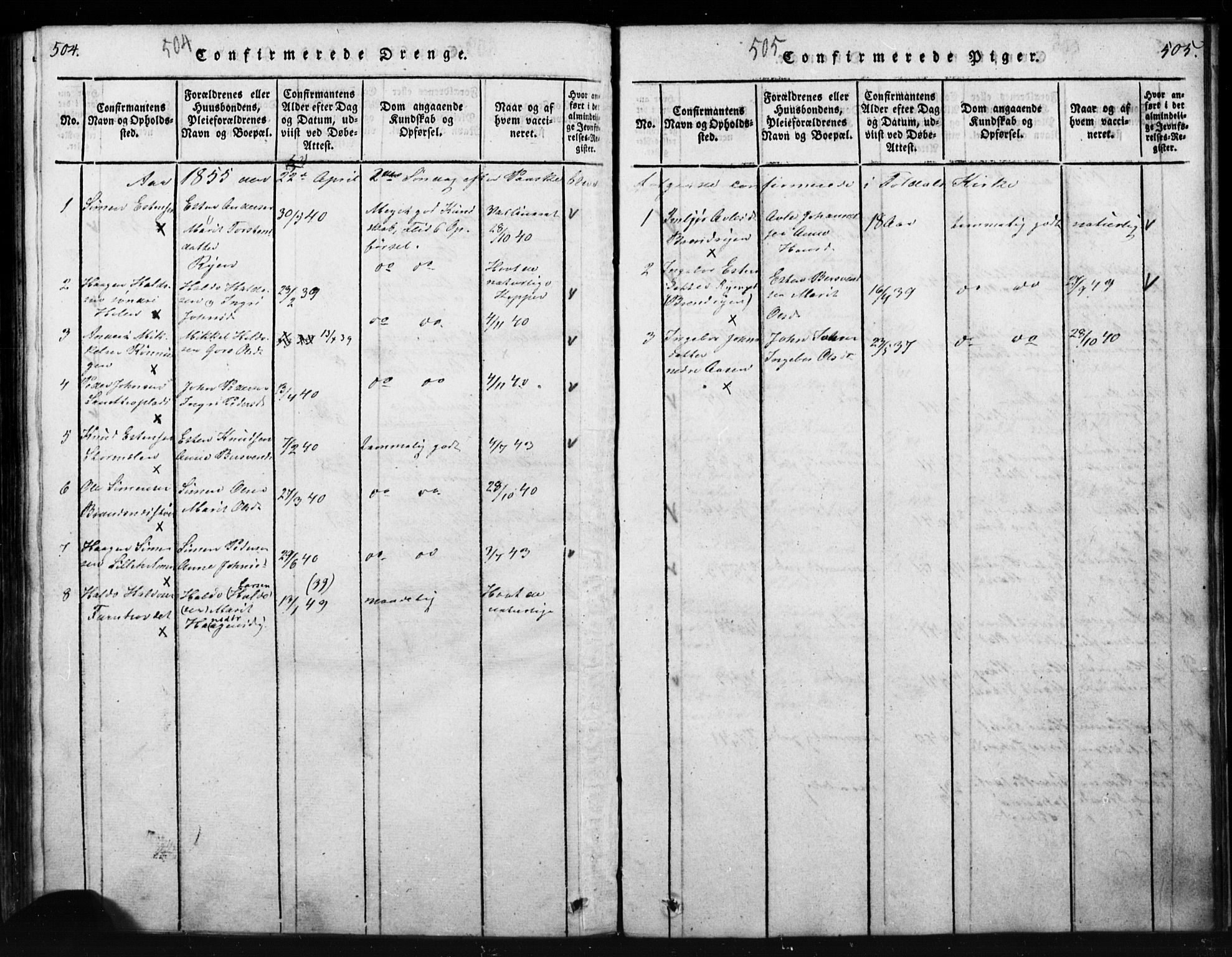 Tynset prestekontor, SAH/PREST-058/H/Ha/Hab/L0003: Klokkerbok nr. 3, 1814-1862, s. 504-505