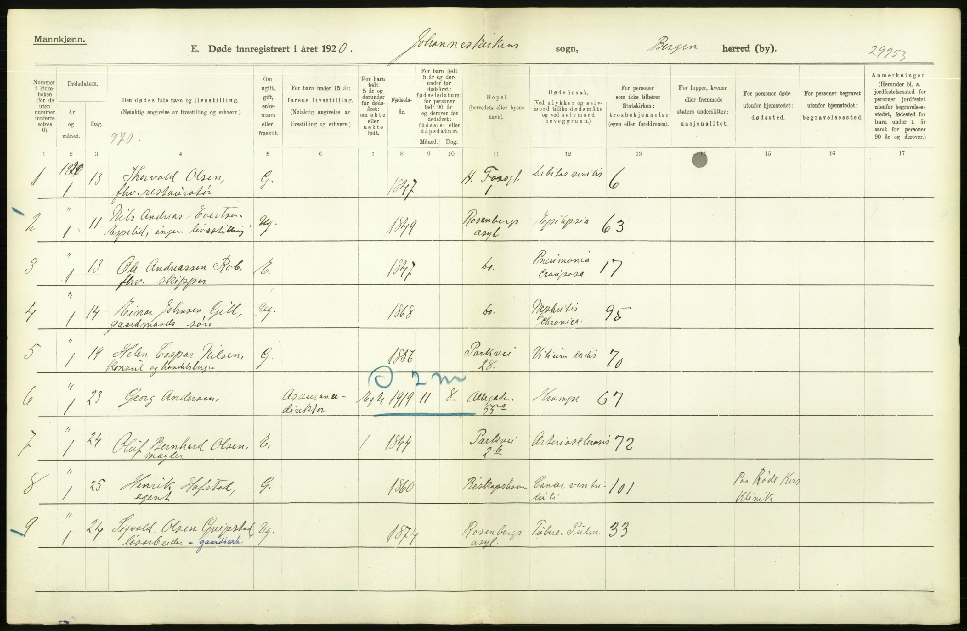 Statistisk sentralbyrå, Sosiodemografiske emner, Befolkning, AV/RA-S-2228/D/Df/Dfb/Dfbj/L0042: Bergen: Gifte, døde, dødfødte., 1920, s. 590