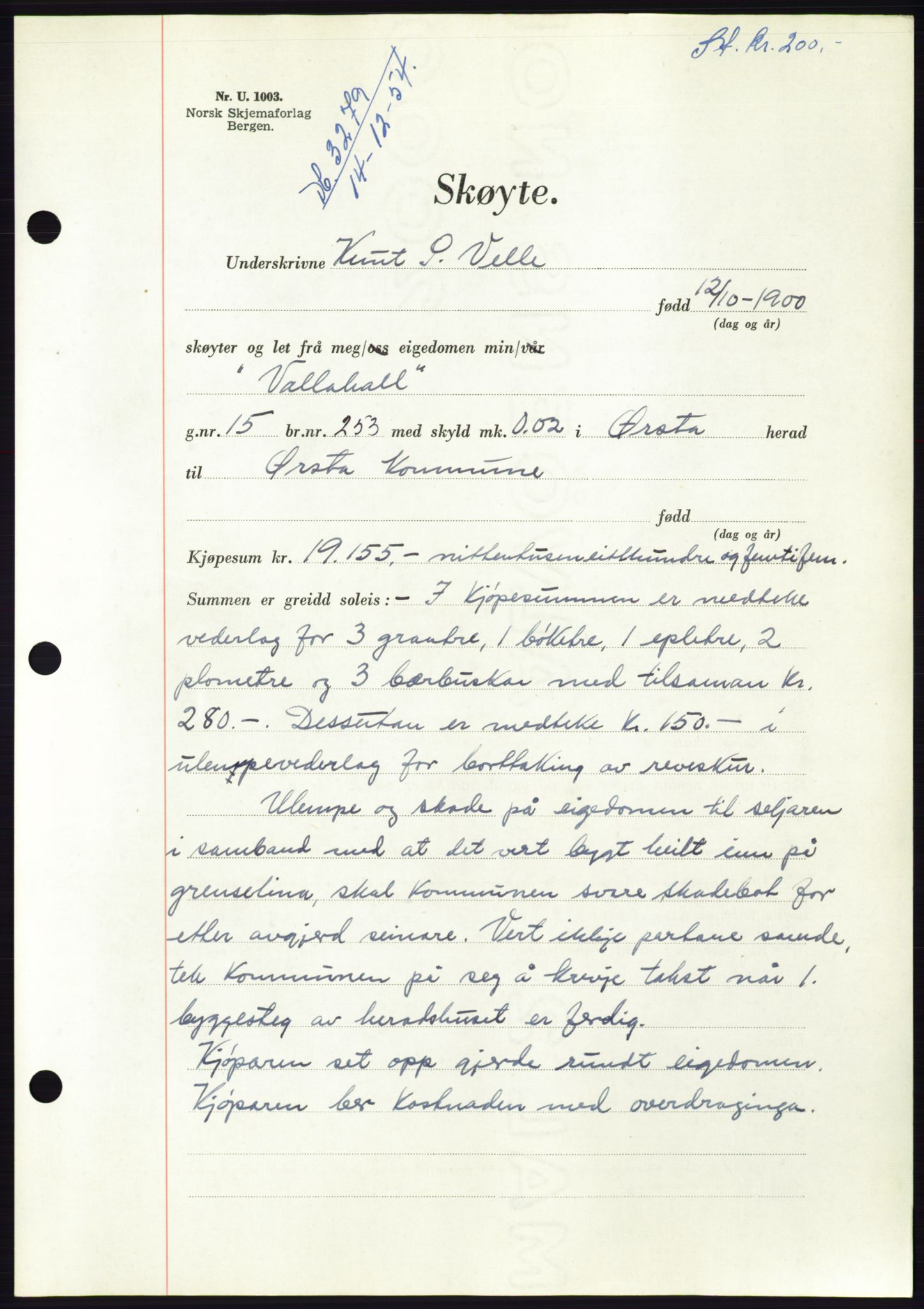 Søre Sunnmøre sorenskriveri, AV/SAT-A-4122/1/2/2C/L0099: Pantebok nr. 25A, 1954-1954, Dagboknr: 3279/1954