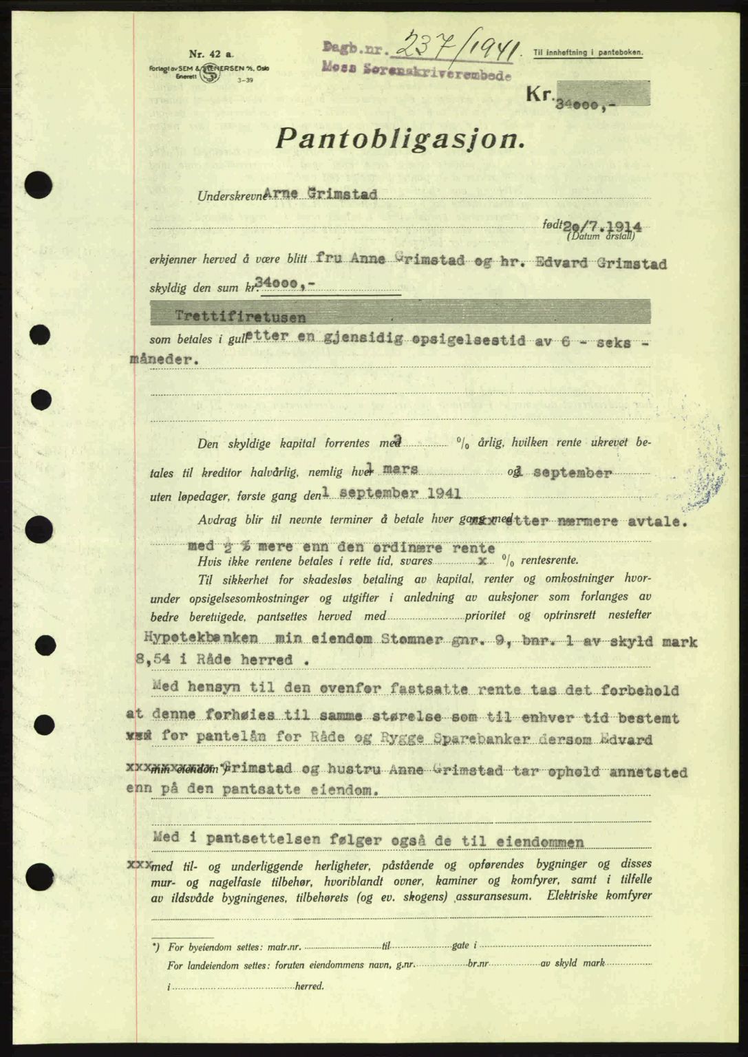 Moss sorenskriveri, SAO/A-10168: Pantebok nr. B10, 1940-1941, Dagboknr: 237/1941