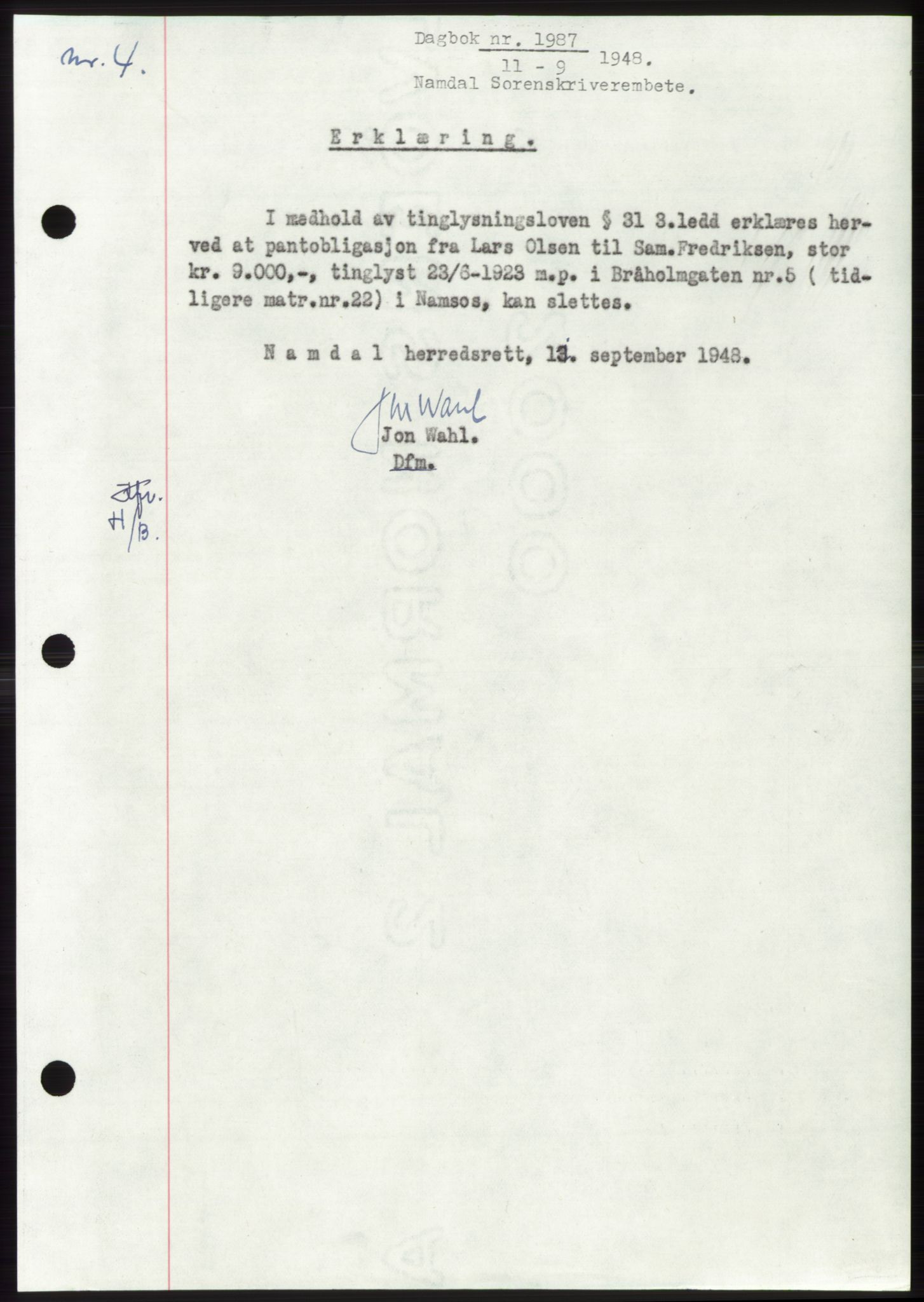 Namdal sorenskriveri, SAT/A-4133/1/2/2C: Pantebok nr. -, 1948-1948, Dagboknr: 1987/1948