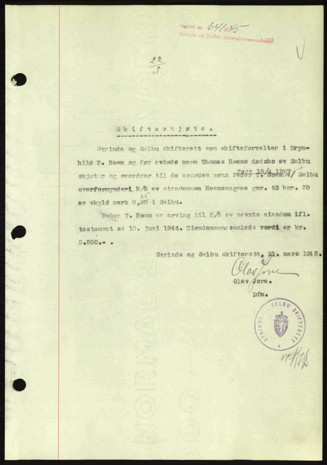 Strinda og Selbu sorenskriveri, SAT/A-0015/2/2C: Pantebok nr. A9, 1944-1945, Dagboknr: 641/1945