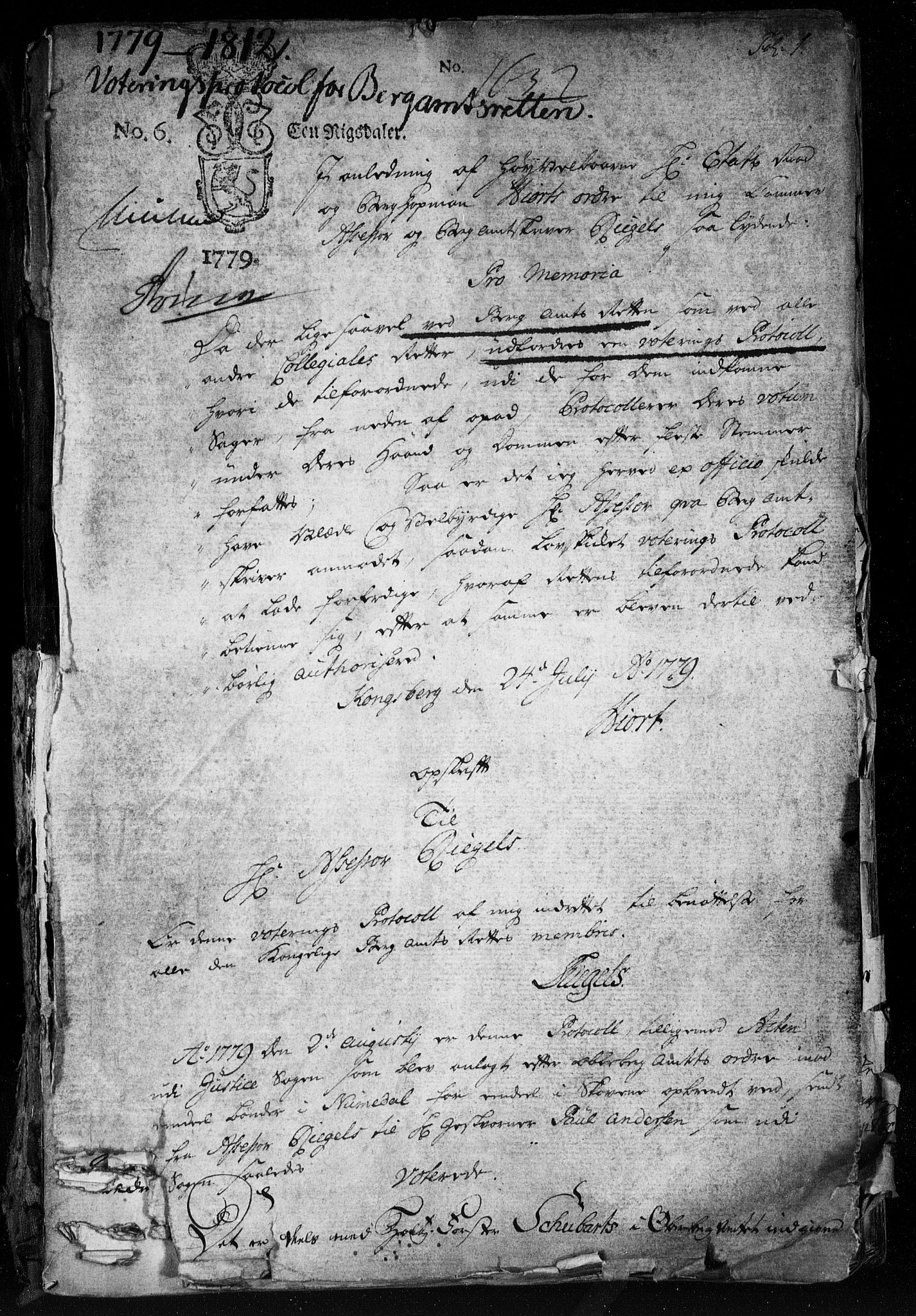 Sønnafjelske bergamt , SAKO/EA-5262/G/Gb/L0001: Voteringsprotokoll, 1779-1812, s. 1