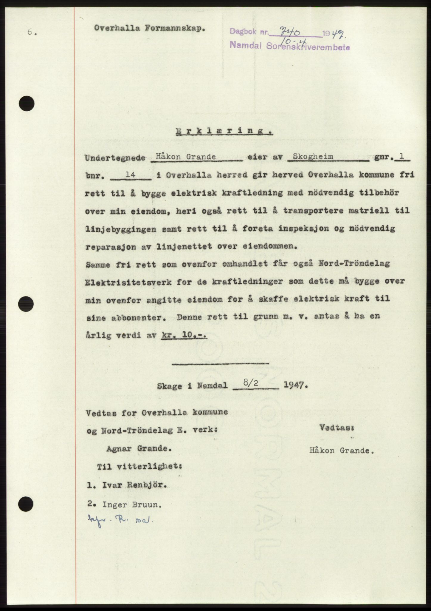 Namdal sorenskriveri, SAT/A-4133/1/2/2C: Pantebok nr. -, 1947-1947, Dagboknr: 740/1947