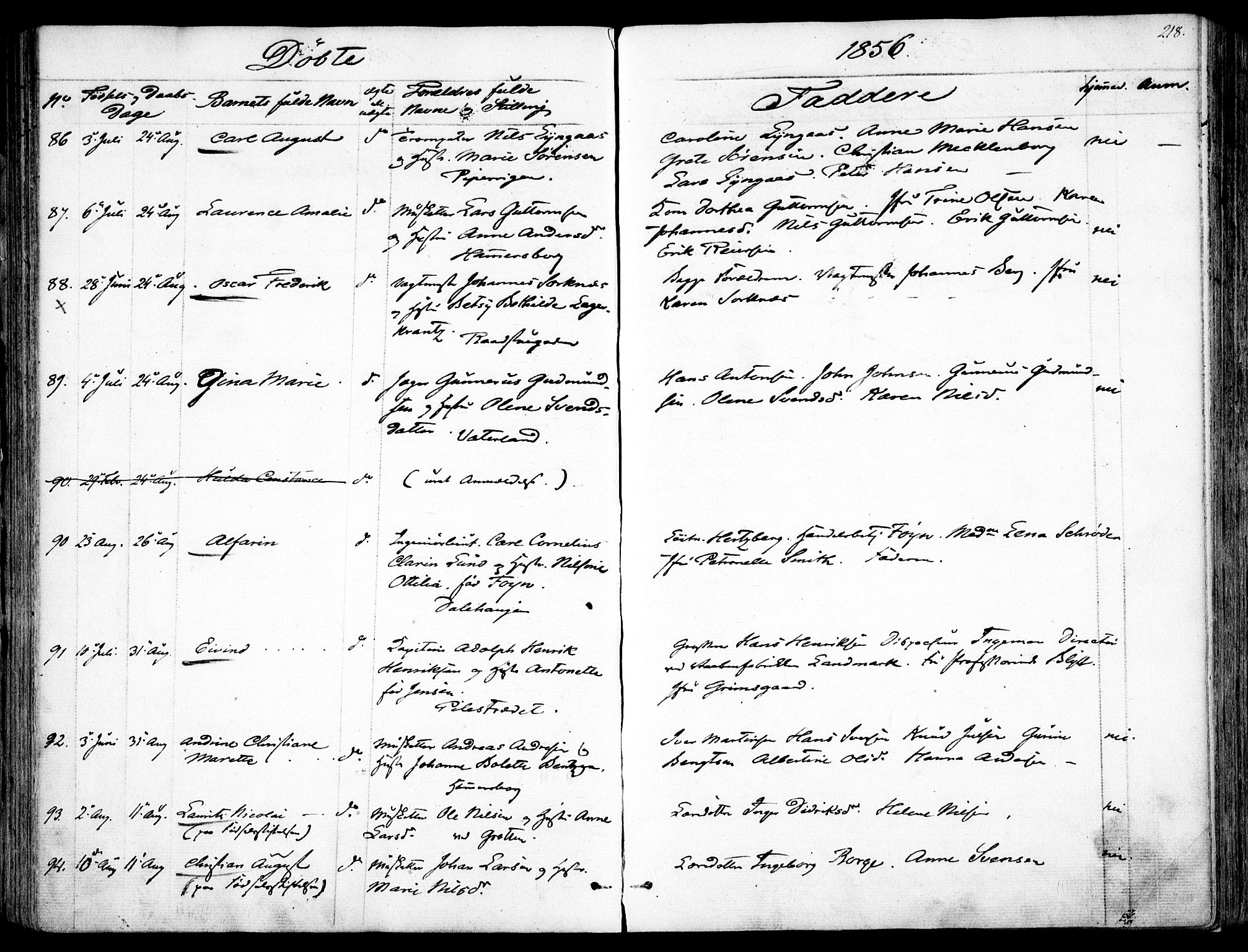 Garnisonsmenigheten Kirkebøker, AV/SAO-A-10846/F/Fa/L0008: Ministerialbok nr. 8, 1842-1859, s. 218