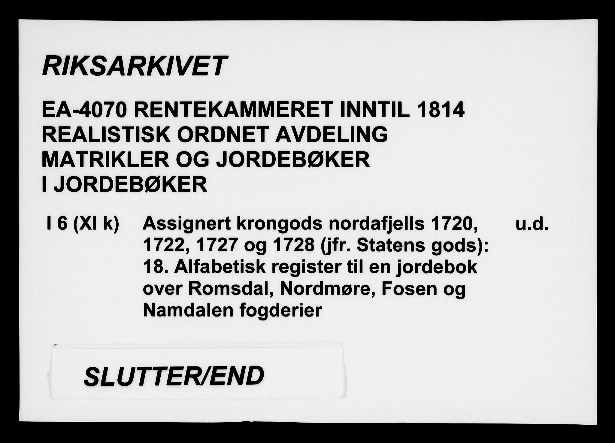 Rentekammeret inntil 1814, Realistisk ordnet avdeling, AV/RA-EA-4070/N/Na/L0006/0018: [XI k]: Assignert krongods nordafjells (1720, 1722, 1727 og 1728): / Alfabetisk register til en jordebok over Romsdal, Nordmøre, Fosen og Namdalen fogderier, 1720-1728