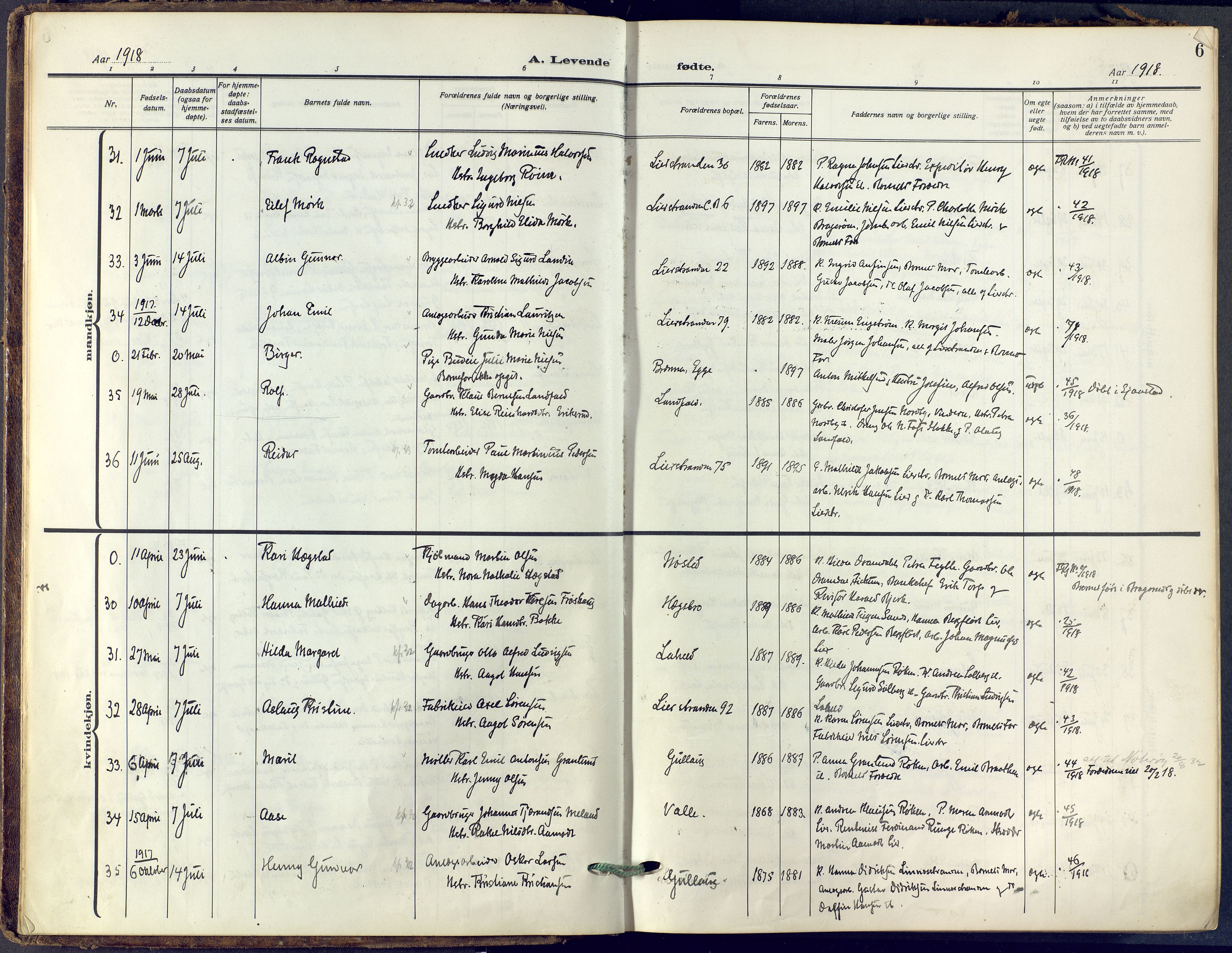 Lier kirkebøker, AV/SAKO-A-230/F/Fa/L0019: Ministerialbok nr. I 19, 1918-1928, s. 6