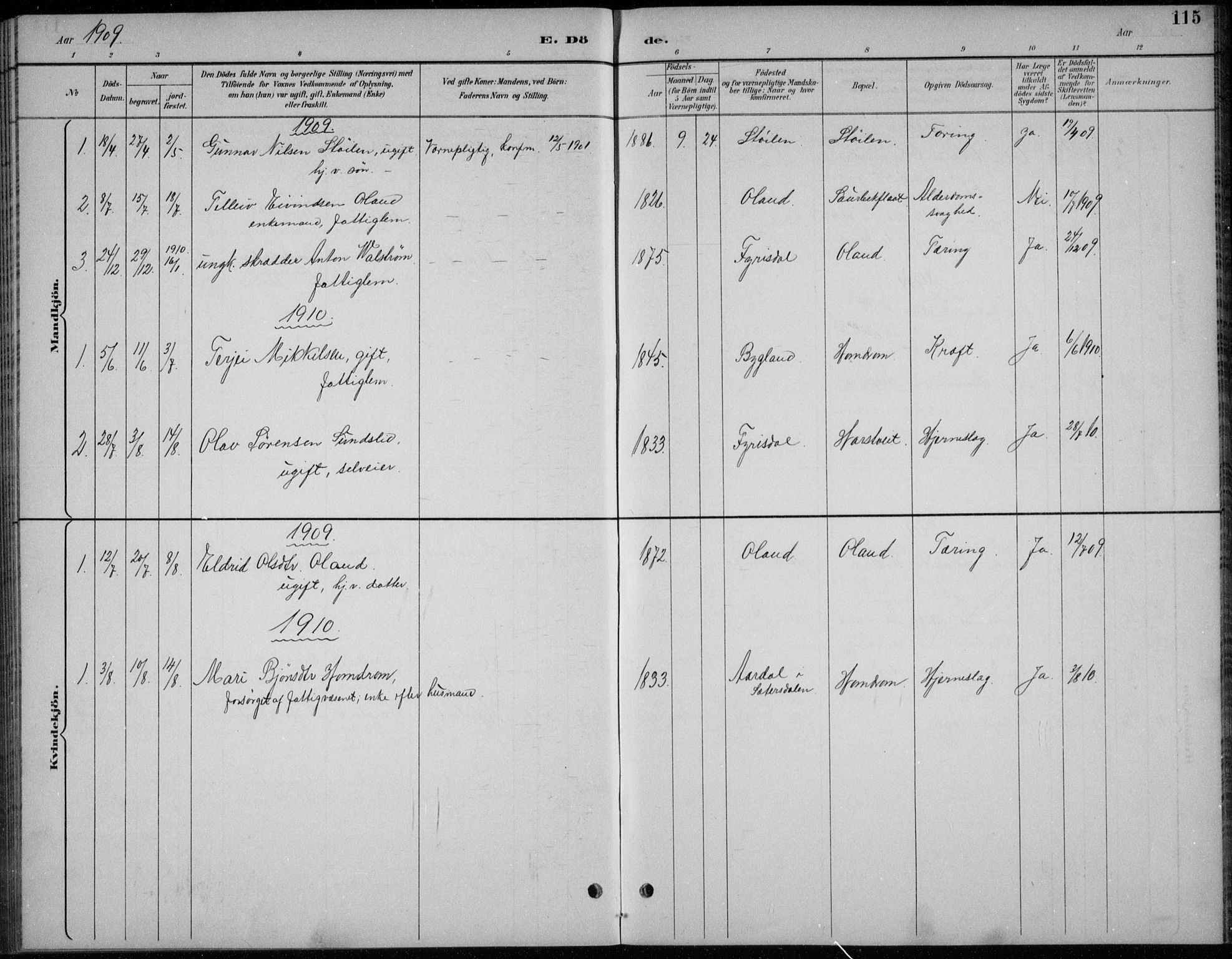 Åmli sokneprestkontor, SAK/1111-0050/F/Fb/Fba/L0002: Klokkerbok nr. B 2, 1890-1912, s. 115