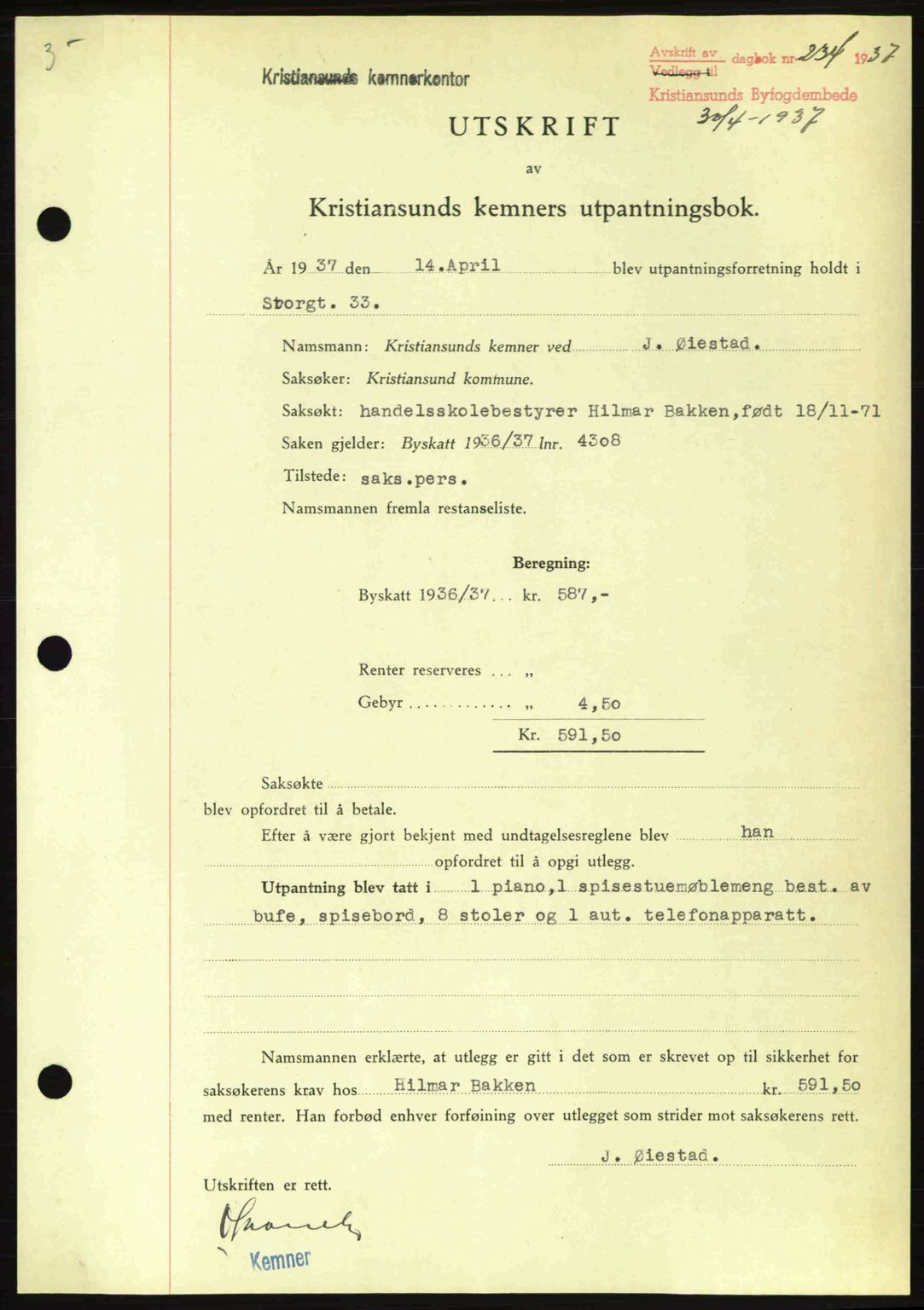 Kristiansund byfogd, SAT/A-4587/A/27: Pantebok nr. 29, 1936-1937, Dagboknr: 234/1937