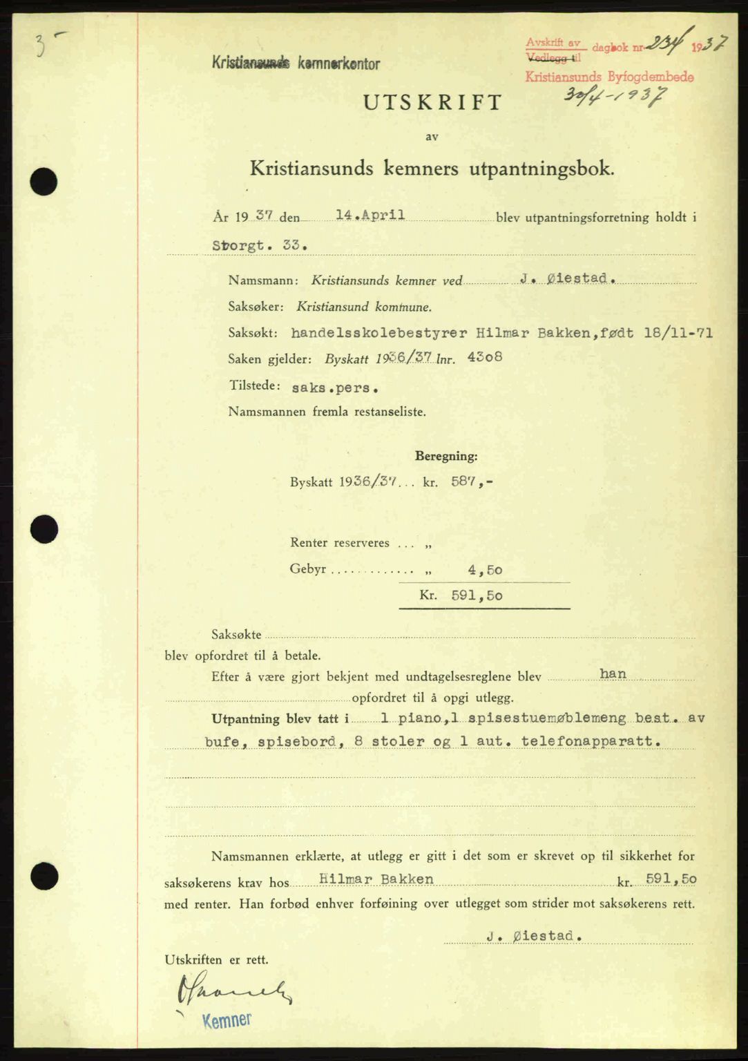 Kristiansund byfogd, AV/SAT-A-4587/A/27: Pantebok nr. 29, 1936-1937, Dagboknr: 234/1937