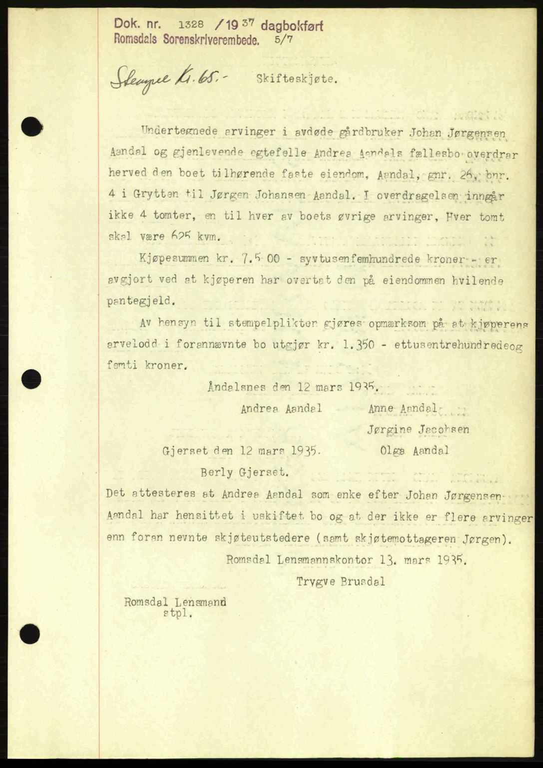 Romsdal sorenskriveri, SAT/A-4149/1/2/2C: Pantebok nr. A3, 1937-1937, Dagboknr: 1328/1937