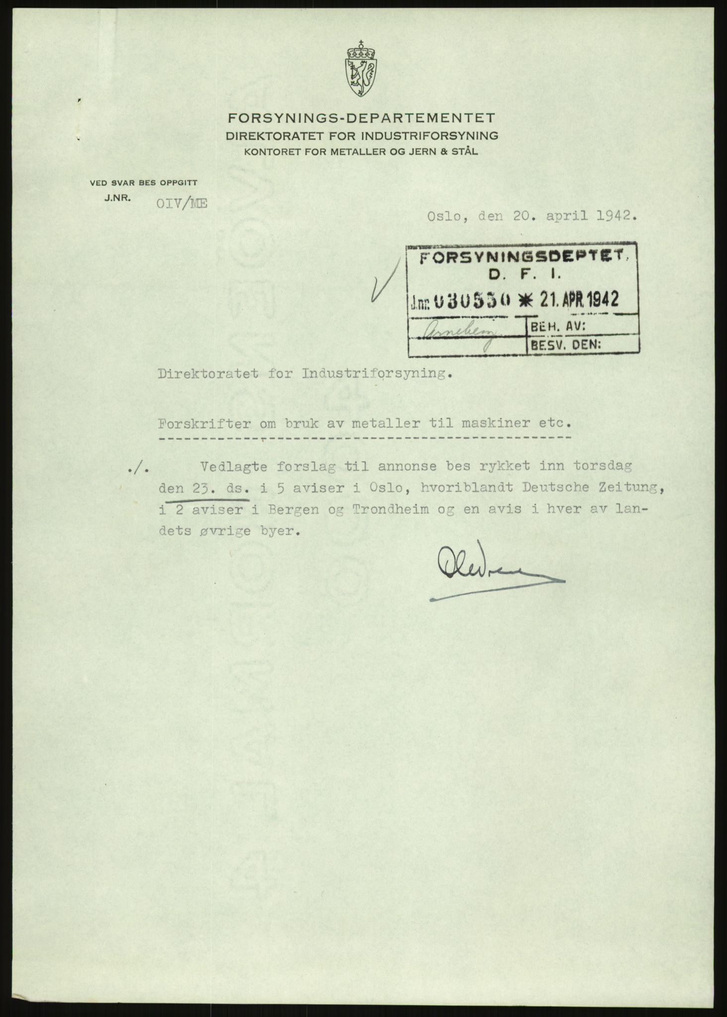 Direktoratet for industriforsyning, Sekretariatet, AV/RA-S-4153/D/Df/L0054: 9. Metallkontoret, 1940-1945, s. 1495