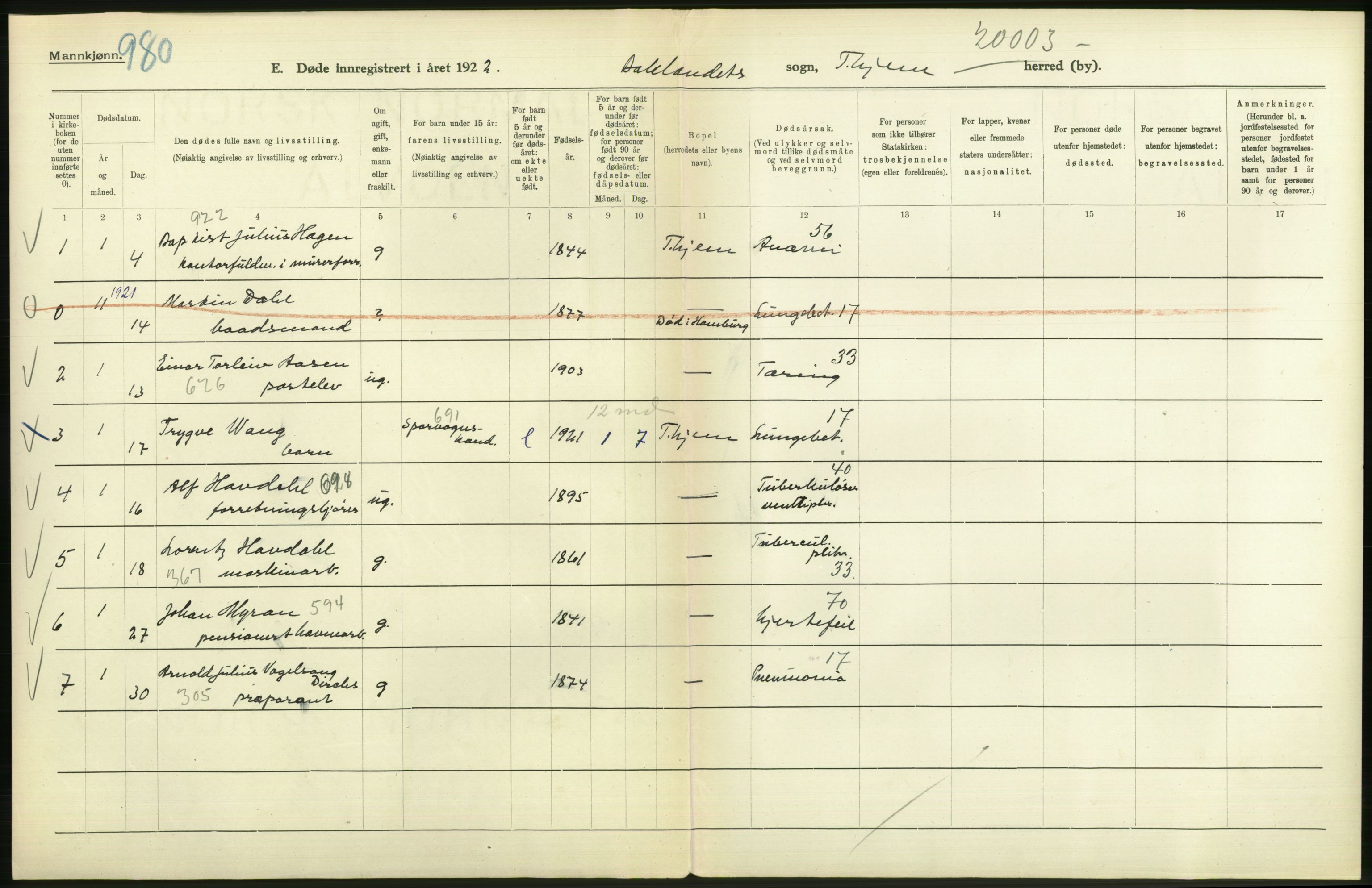 Statistisk sentralbyrå, Sosiodemografiske emner, Befolkning, AV/RA-S-2228/D/Df/Dfc/Dfcb/L0040: Trondheim: Gifte, døde, dødfødte., 1922, s. 370