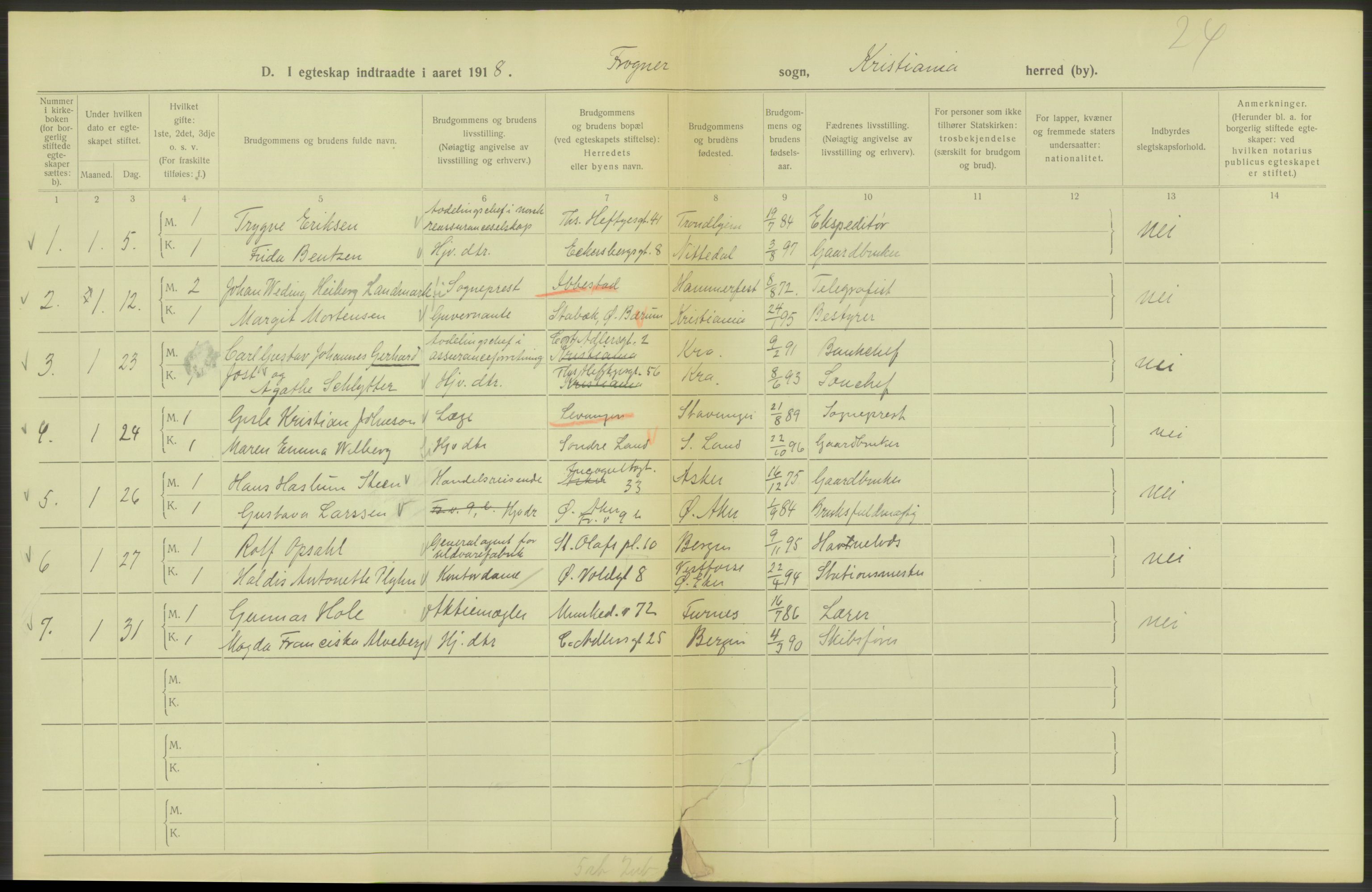 Statistisk sentralbyrå, Sosiodemografiske emner, Befolkning, RA/S-2228/D/Df/Dfb/Dfbh/L0009: Kristiania: Gifte, 1918, s. 126