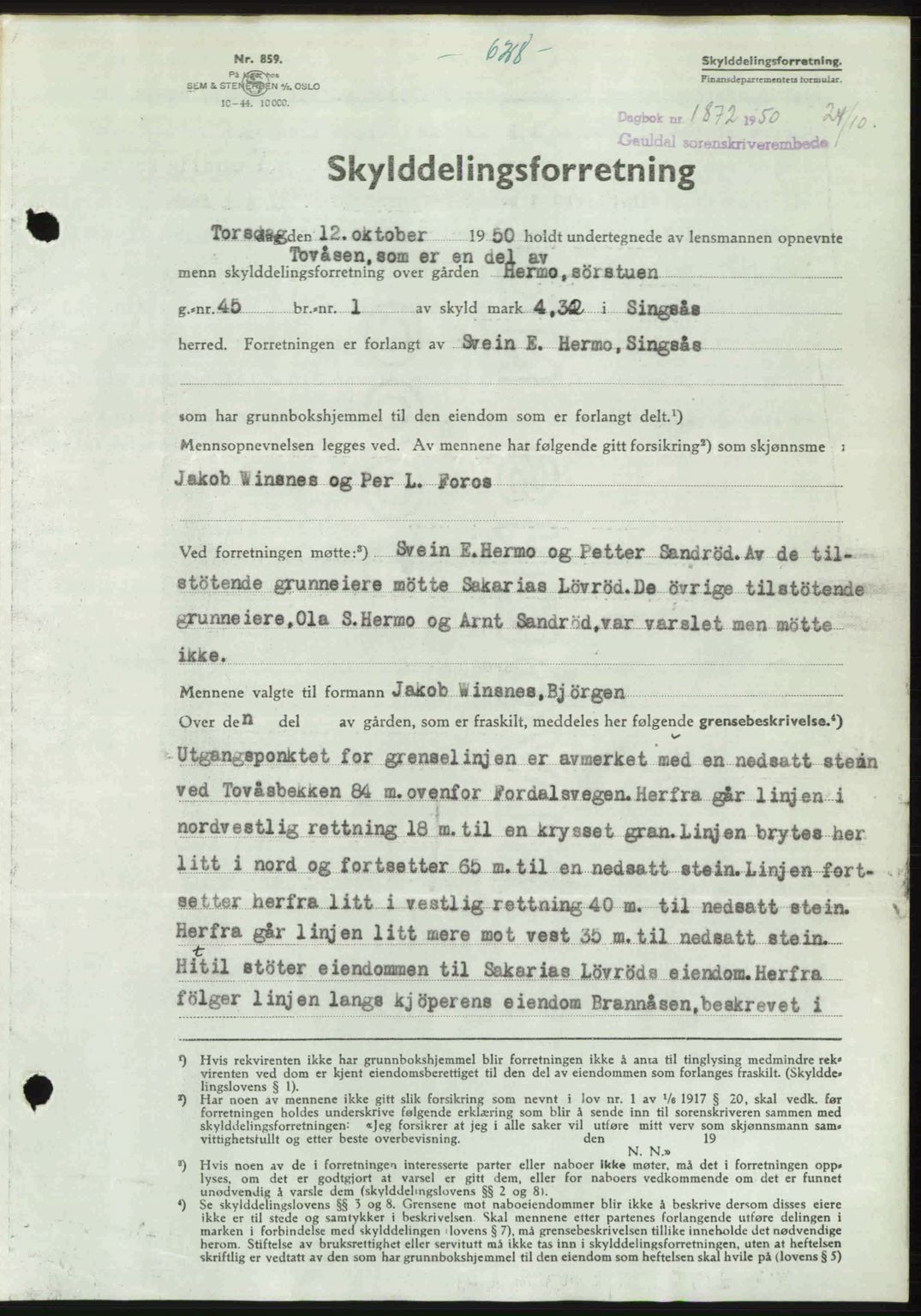 Gauldal sorenskriveri, SAT/A-0014/1/2/2C: Pantebok nr. A11, 1950-1950, Dagboknr: 1872/1950