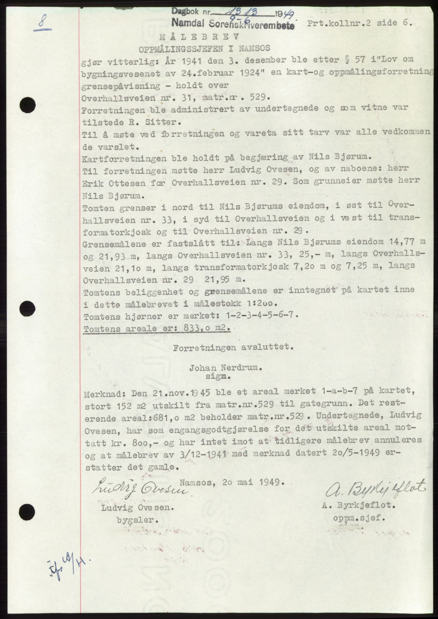 Namdal sorenskriveri, SAT/A-4133/1/2/2C: Pantebok nr. -, 1949-1949, Dagboknr: 1313/1949